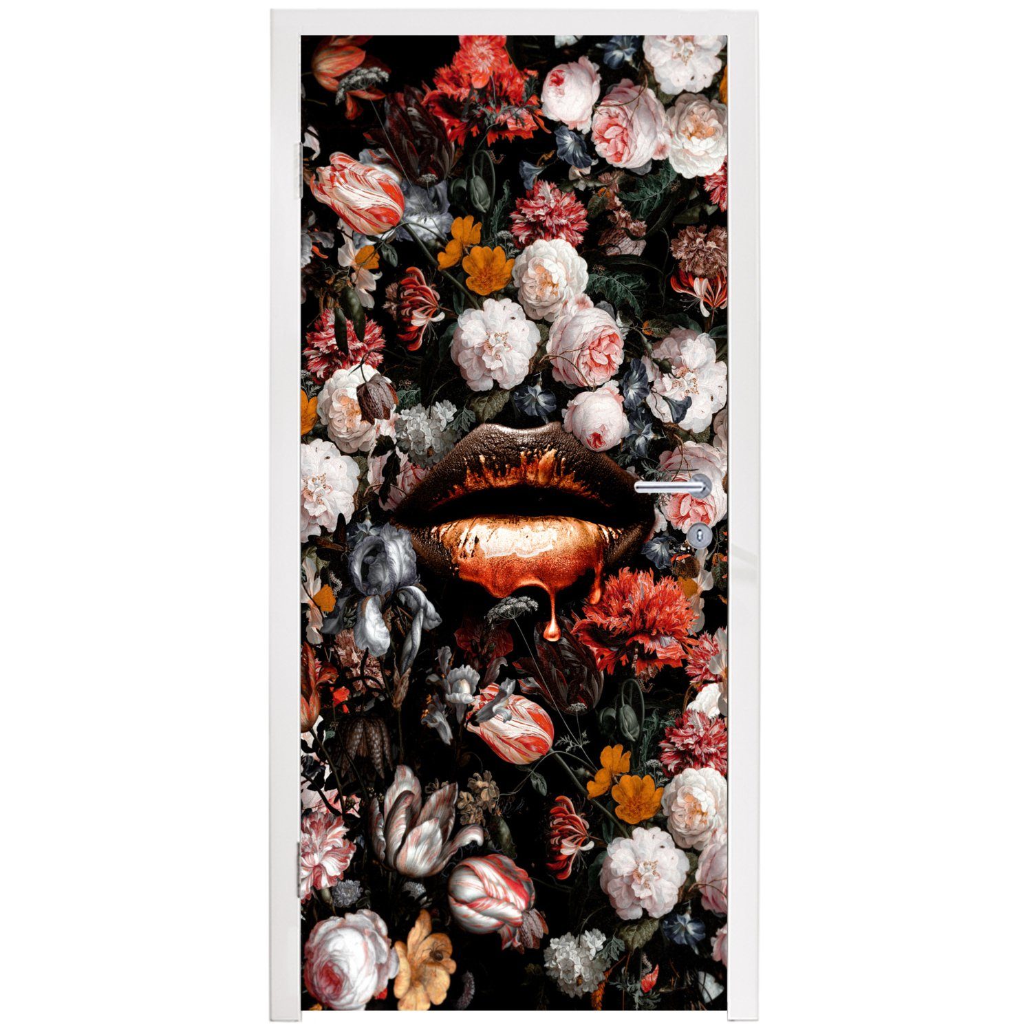 - Lippen Abstrakt Matt, Farbe St), - bedruckt, - für cm Türaufkleber, 75x205 - Blumen Tür, (1 - Türtapete Kunst Meister, Orange Fototapete - MuchoWow Alte