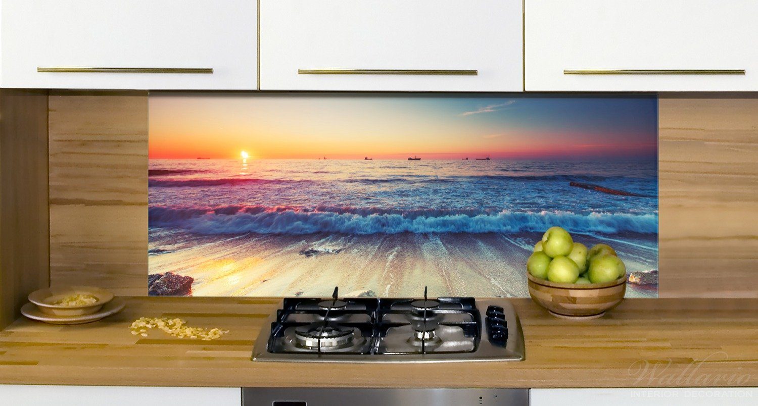 am am (1-tlg) Meer Strand, Sonnenuntergang Wellen Küchenrückwand Wallario mit