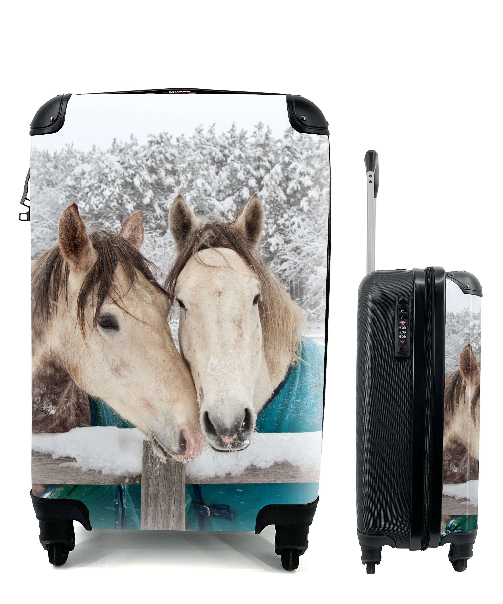 MuchoWow Handgepäckkoffer Pferde - Decke - Schnee, 4 Rollen, Reisetasche mit rollen, Handgepäck für Ferien, Trolley, Reisekoffer