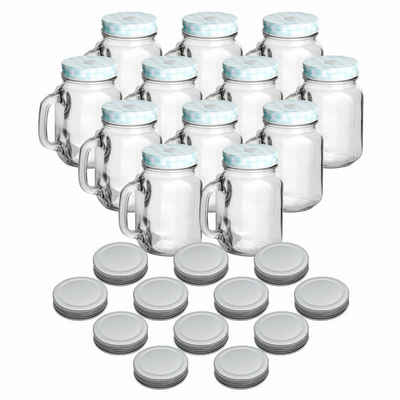 gouveo Gläser-Set Trinkgläser 450 ml mit Schraubdeckel - Trinkglas mit Henkel, 12er Set, blau/silber