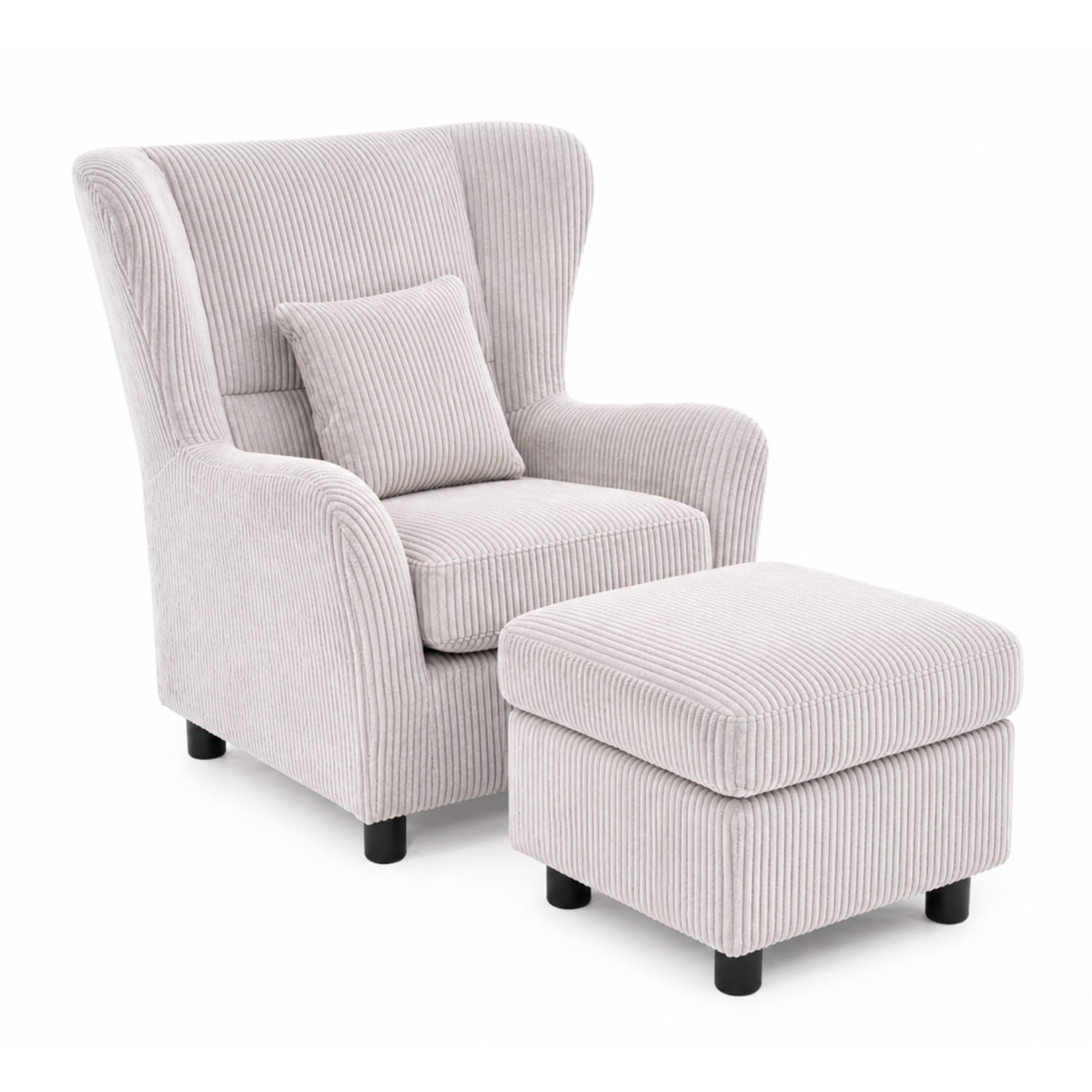 luma-home Ohrensessel 16143 (mit Hocker und Zierkissen, Polsterung mit Taschenfederkern, B89/H95/T79 cm), Lesesesel mit Echtholzfüßen, Bezug Cord in Silbergrau