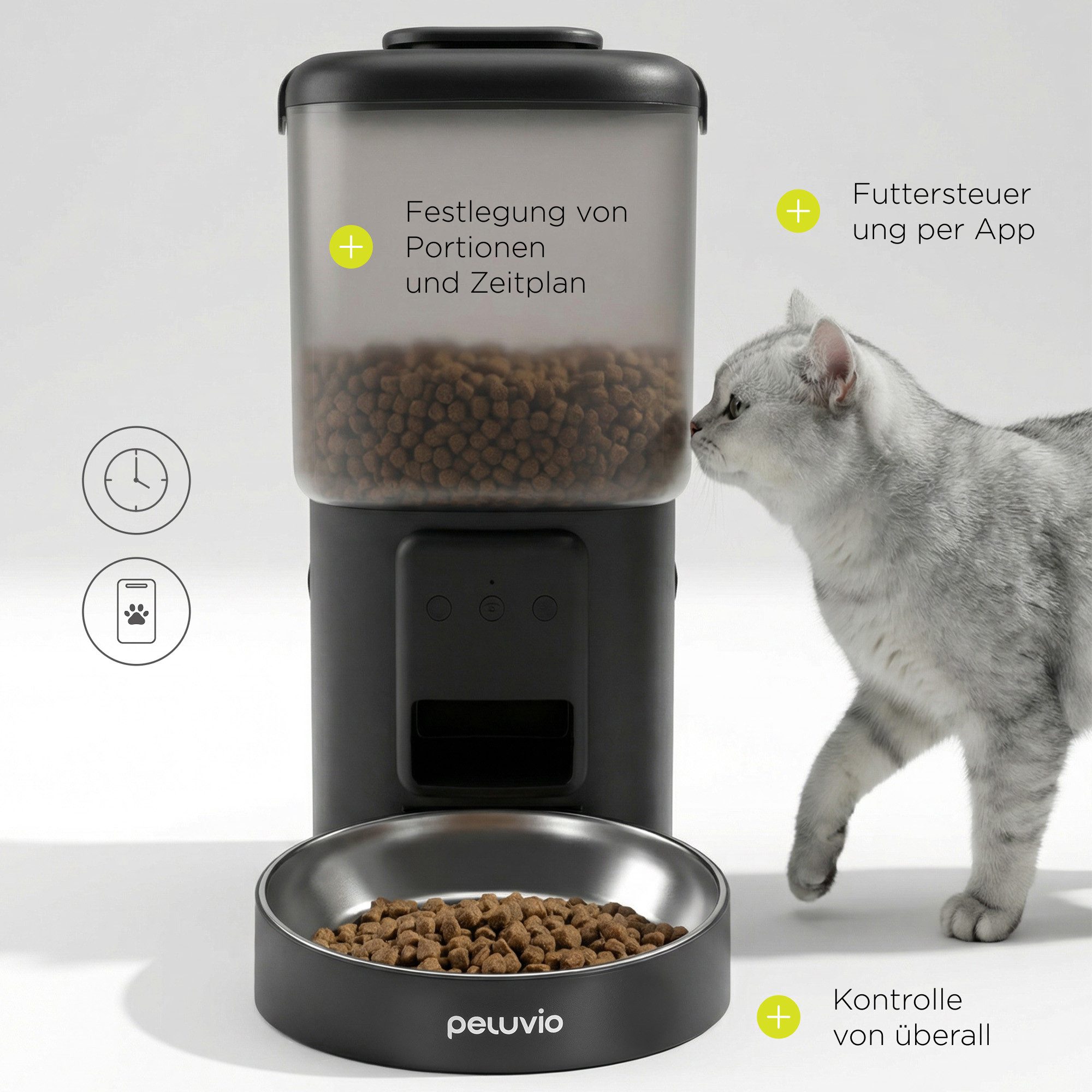 Peluvio Katzen-Futterspender CRISPY WIFI CAT, 4,5L / App-Steuerung / bis 10 Mahlz./Tag / Notstrom