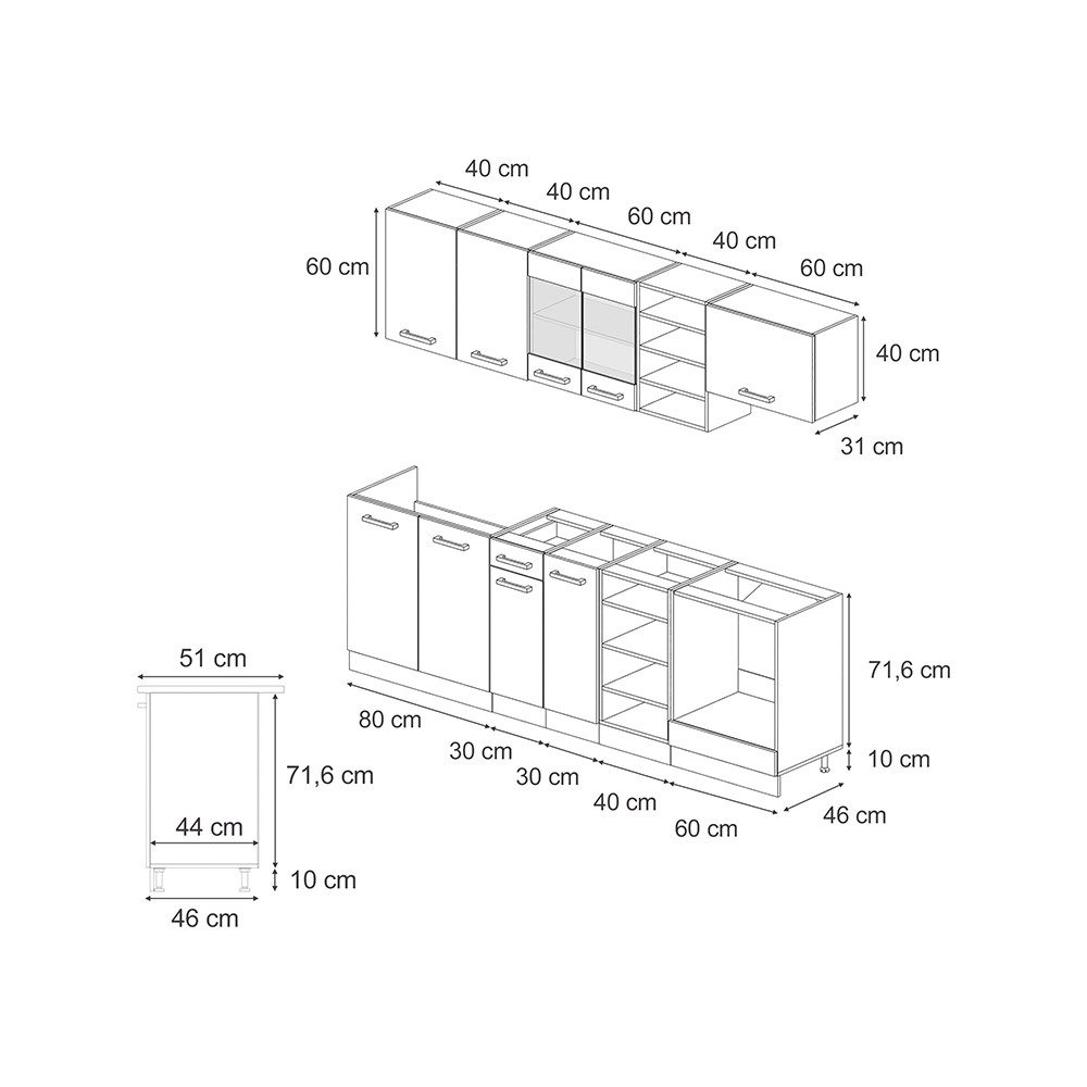 Vicco Küchenzeile R-Line, Schwarz Beton/Weiß, 240 cm AP Marmor