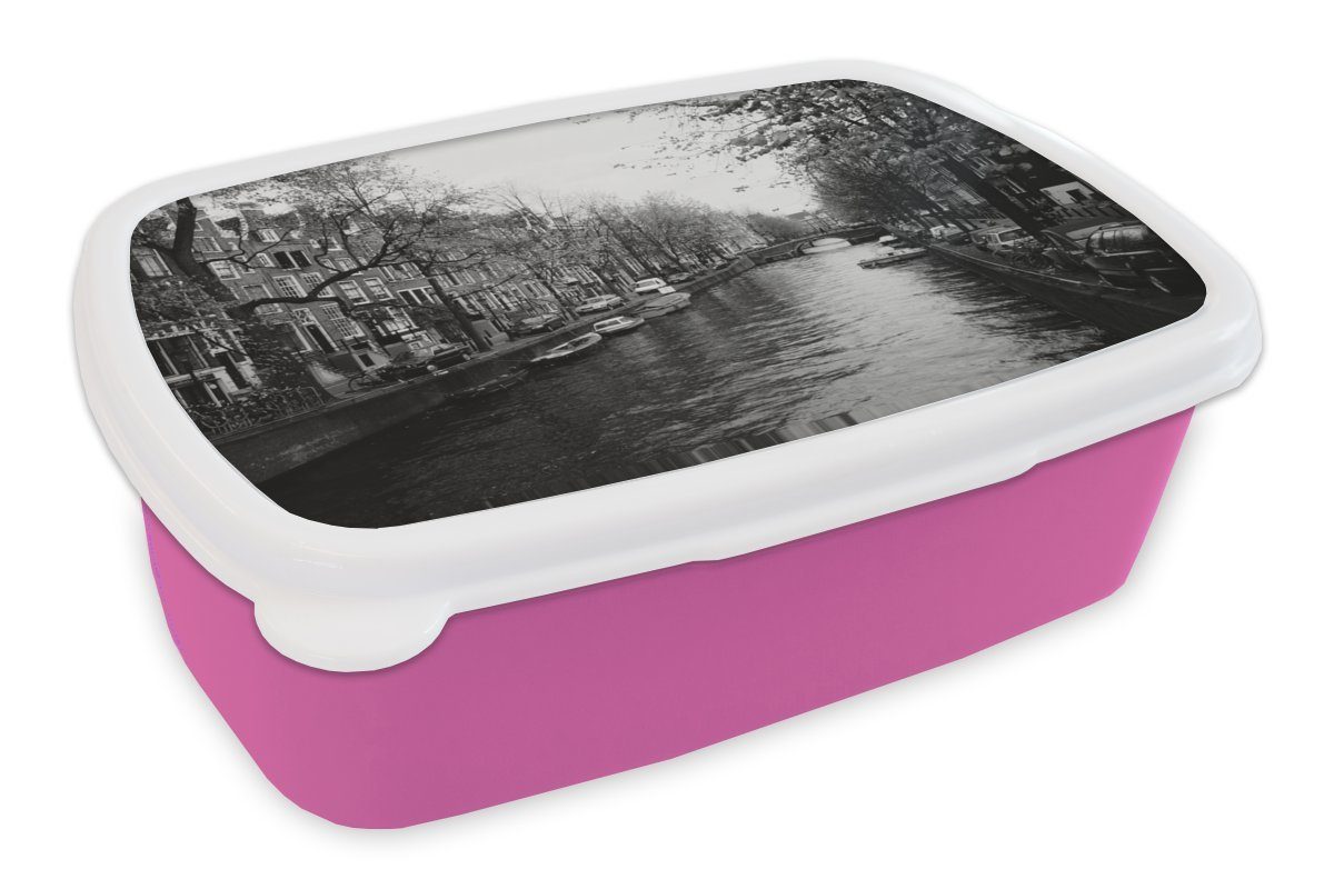 MuchoWow Lunchbox Amsterdam-Kanal - Schwarz - Weiß, Kunststoff, (2-tlg), Brotbox für Erwachsene, Brotdose Kinder, Snackbox, Mädchen, Kunststoff rosa