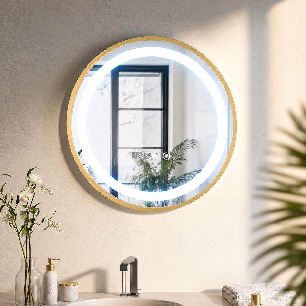 Nagham Ghazal Aswad Badspiegel Aurora LED Badspiegel mit Beleuchtung und Antibeschlag, Ovaler LED Badspiegel mit Touchsensor, Antibeschlagfunktion