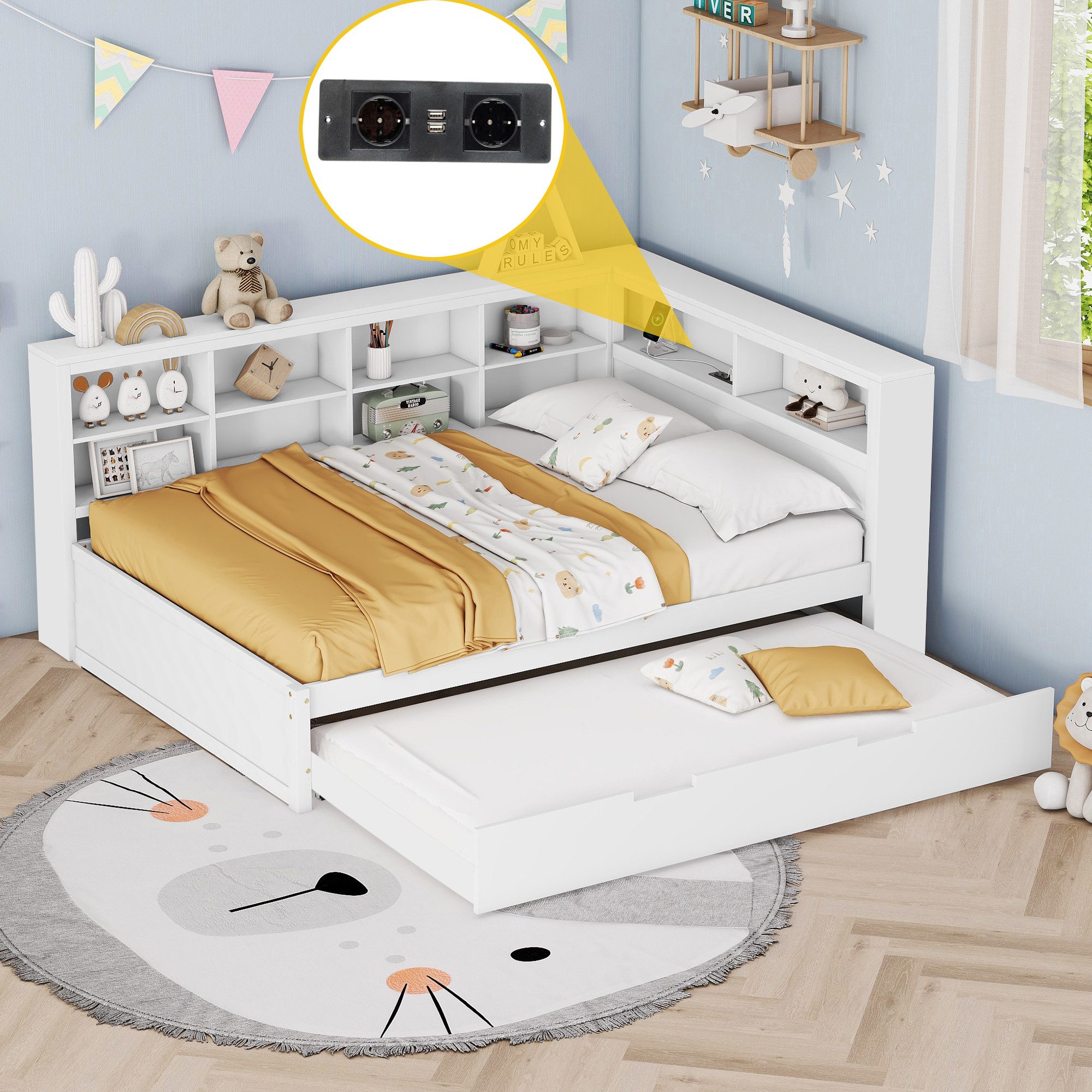 Merax Daybett 140x200 mit USB und Ausziehbett 90x190cm (1 tlg), Massivholz günstig online kaufen