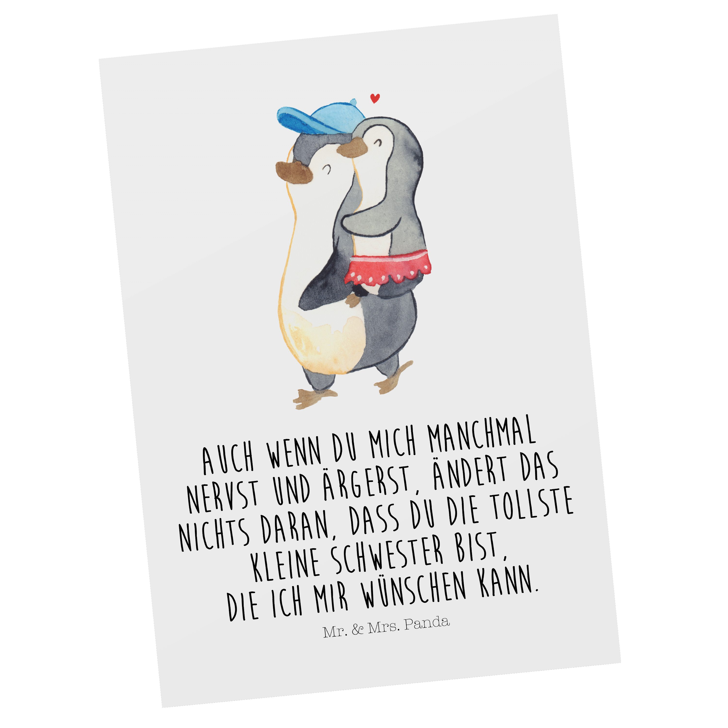 Mr. & Mrs. Panda Postkarte Pinguin Kleine Schwester - Weiß - Geschenk, Ansichtskarte, Sister, To