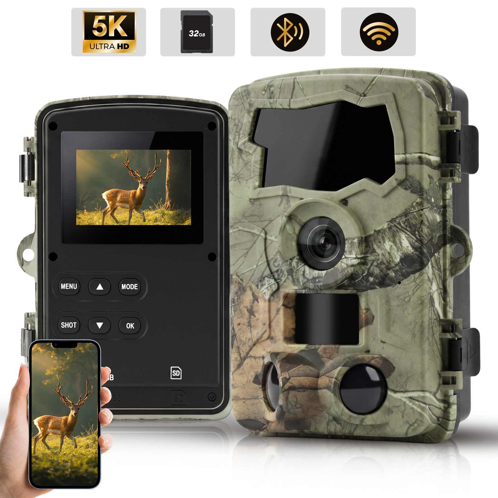 CkeyiN Wildkamera 5K Video 64MP Foto WLAN mit Handyübertragung APP 0,1s Auslösezeit (Außenbereich, Infrarot Wildkamera mit 32G Speicherkarte Bewegungssensor IP66)