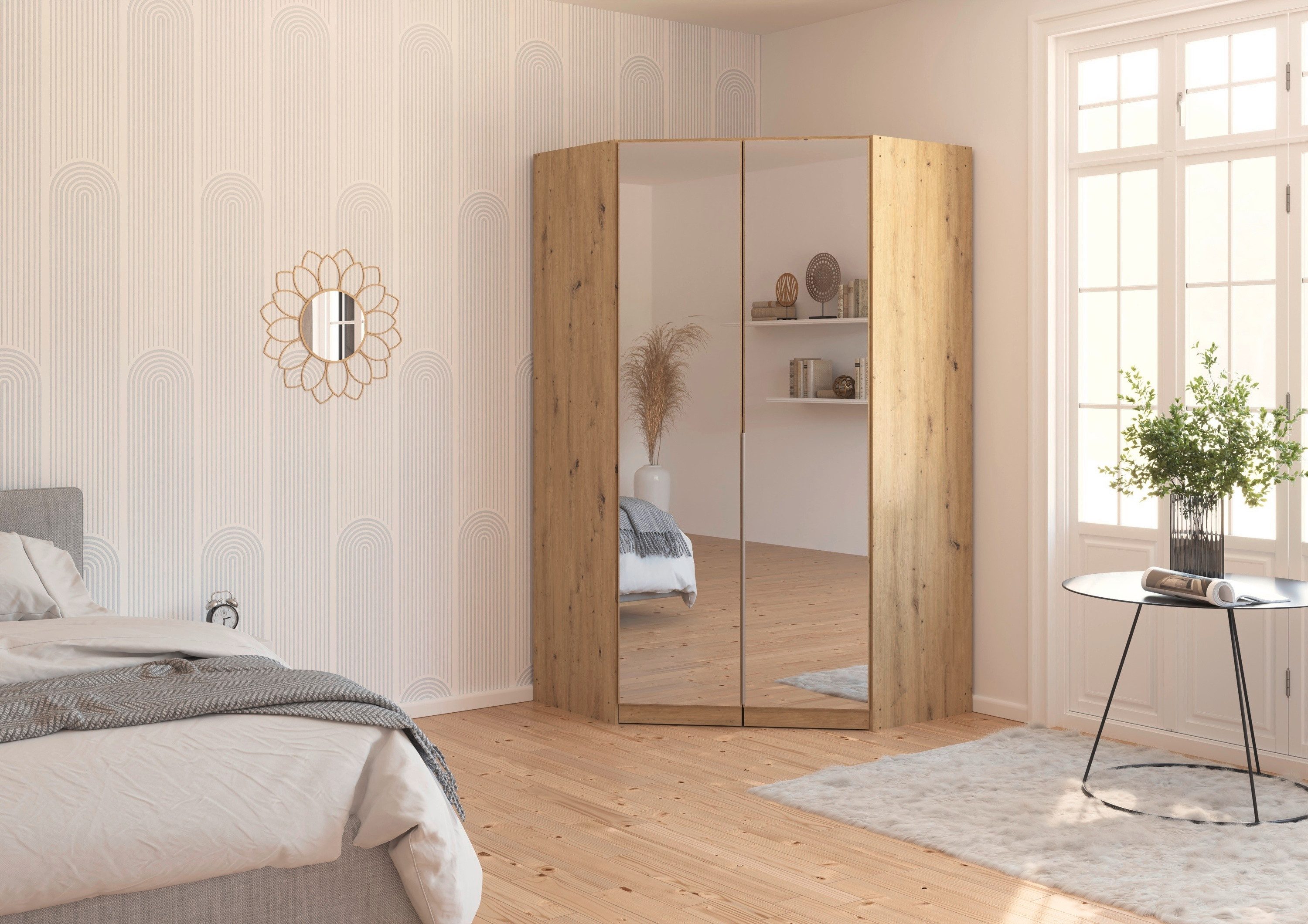 OTTO home Eckkleiderschrank Kleiderschrank Schrank Ankleidezimmer Schlafzimmer Garderobe AGORDO (in zwei Griff-Farben, Breite/Tiefe 117x117 cm, Höhen 210/229 cm) mit Spiegeltüren, voll ausgestattet mit viel Stauraum MADE IN GERMANY