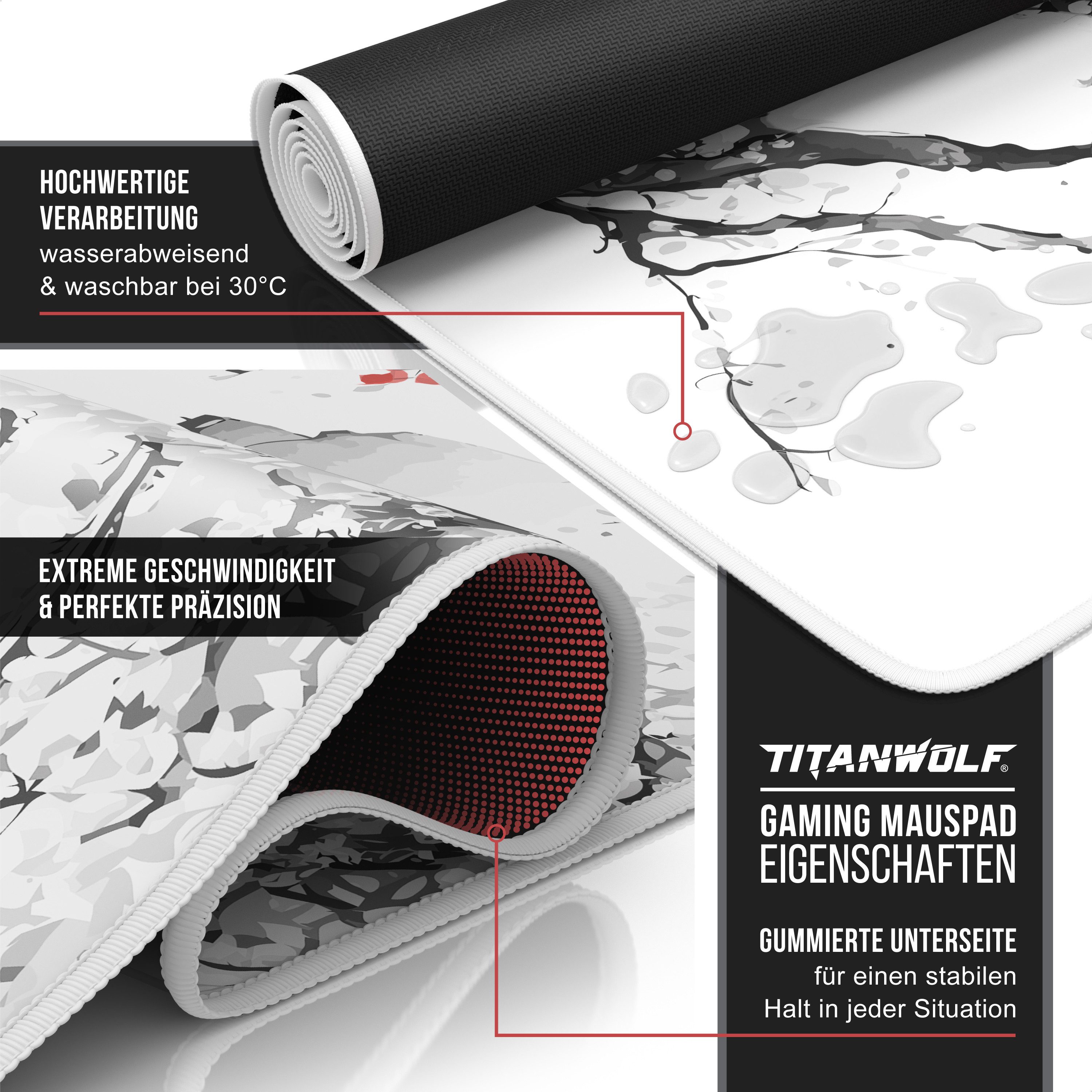 Titanwolf Gaming Mauspad XXL Speed Mousepad 900 x 400 x 3 mm, Schreibtischauflage, abwaschbar, rutschfeste Rückseite, Geschwindigkeit & Präzision, Japan Ink Painting