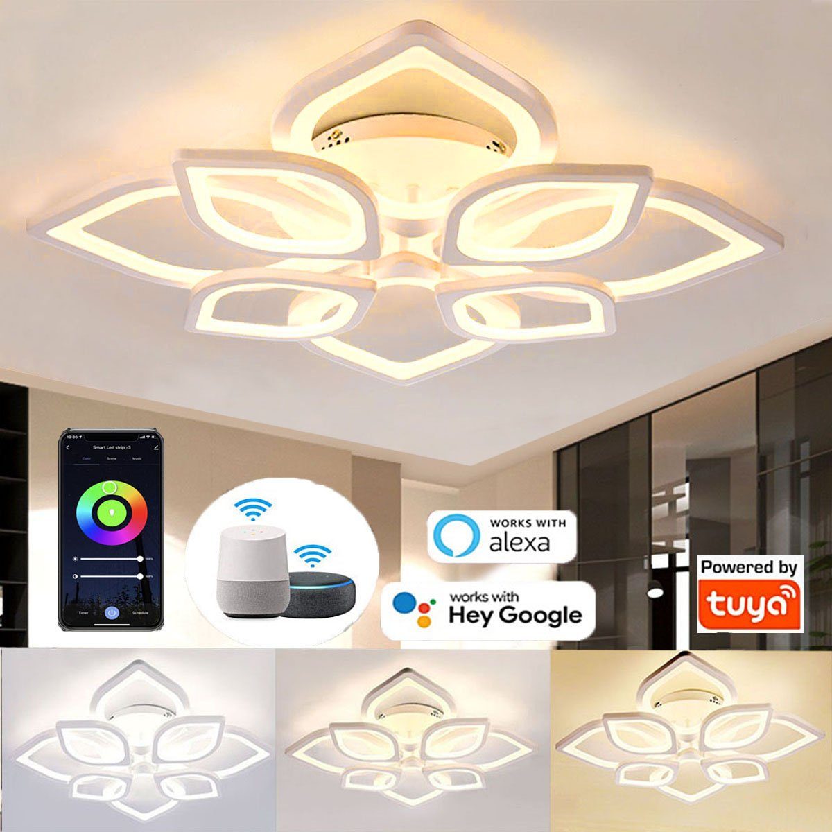 oyajia Deckenleuchte 80W Modern LED Deckenlampe 4550LM, mit APP und WIFI-steuerung, Dimmbar, LED fest integriert, Kaltweiß/Naturweiß/Warmweiß, LED Deckenleuchte für Alexa und Google-Assistant, für Wohnzimmer Hotel