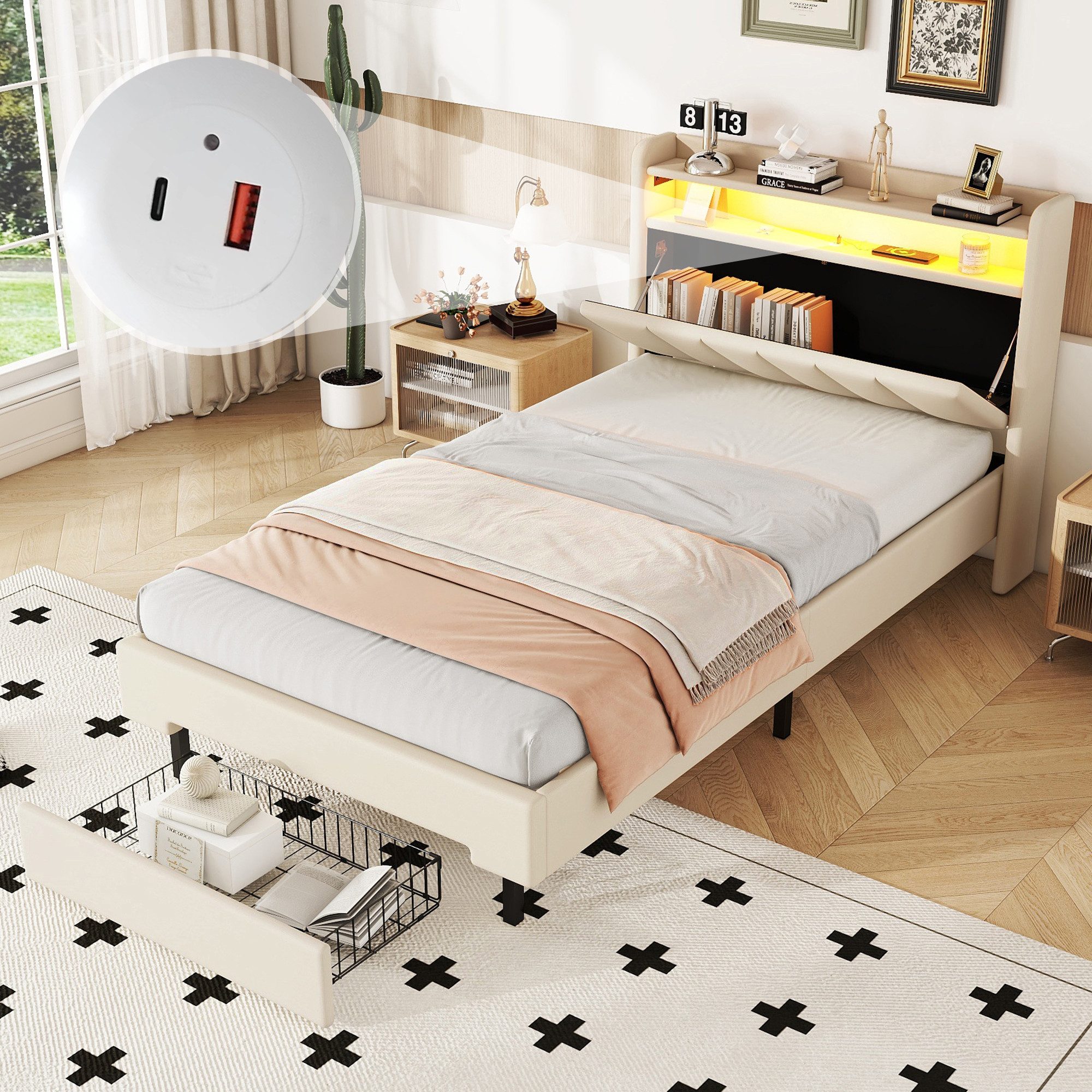 SOFTWEARY Stauraumbett mit LED-Beleuchtung (90x200 cm), günstig online kaufen
