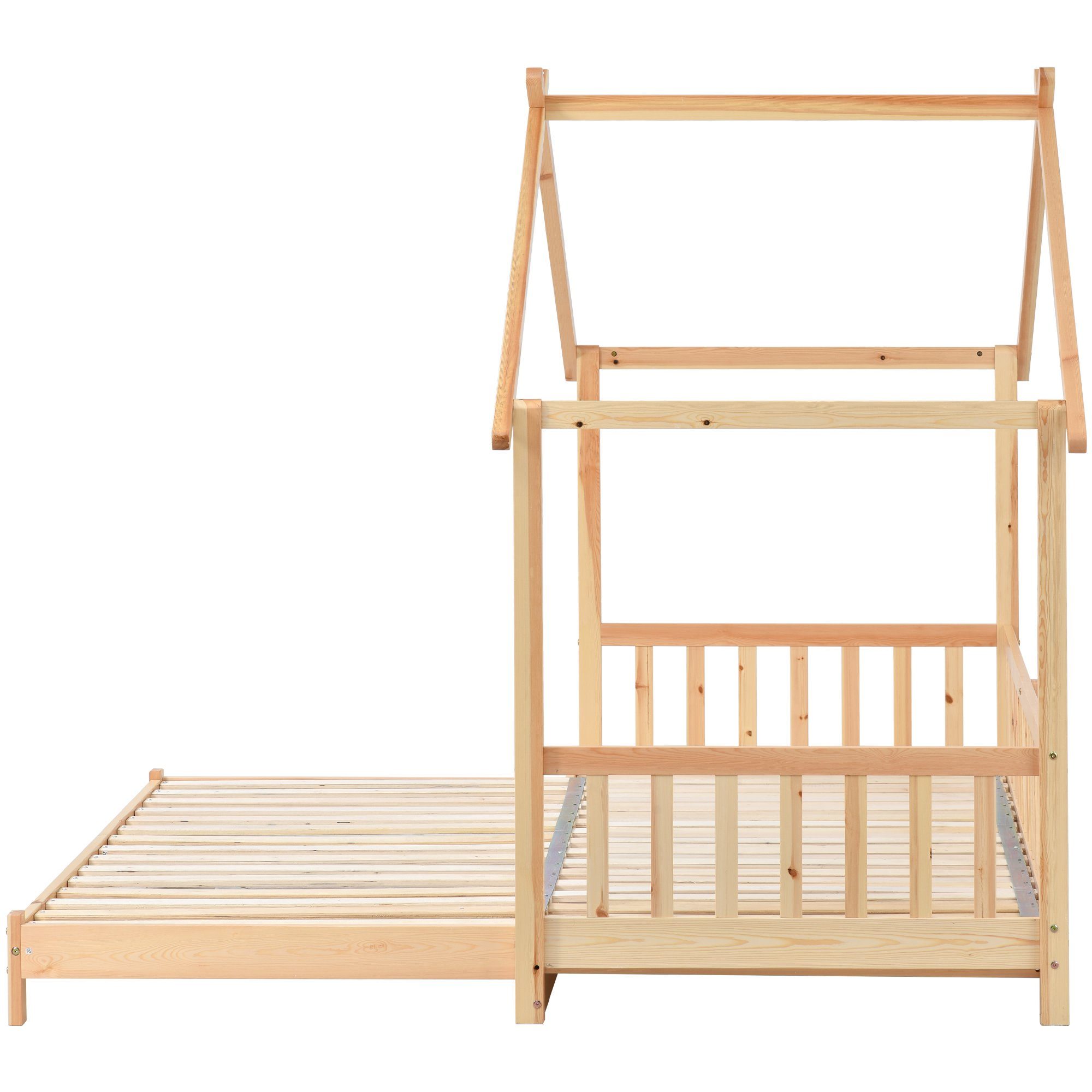Massivholzbett (Einzelbett Hausbett), Erweiterbares Kinderbett, 90*200cm/180*200cm, aus massivem Kiefernholz