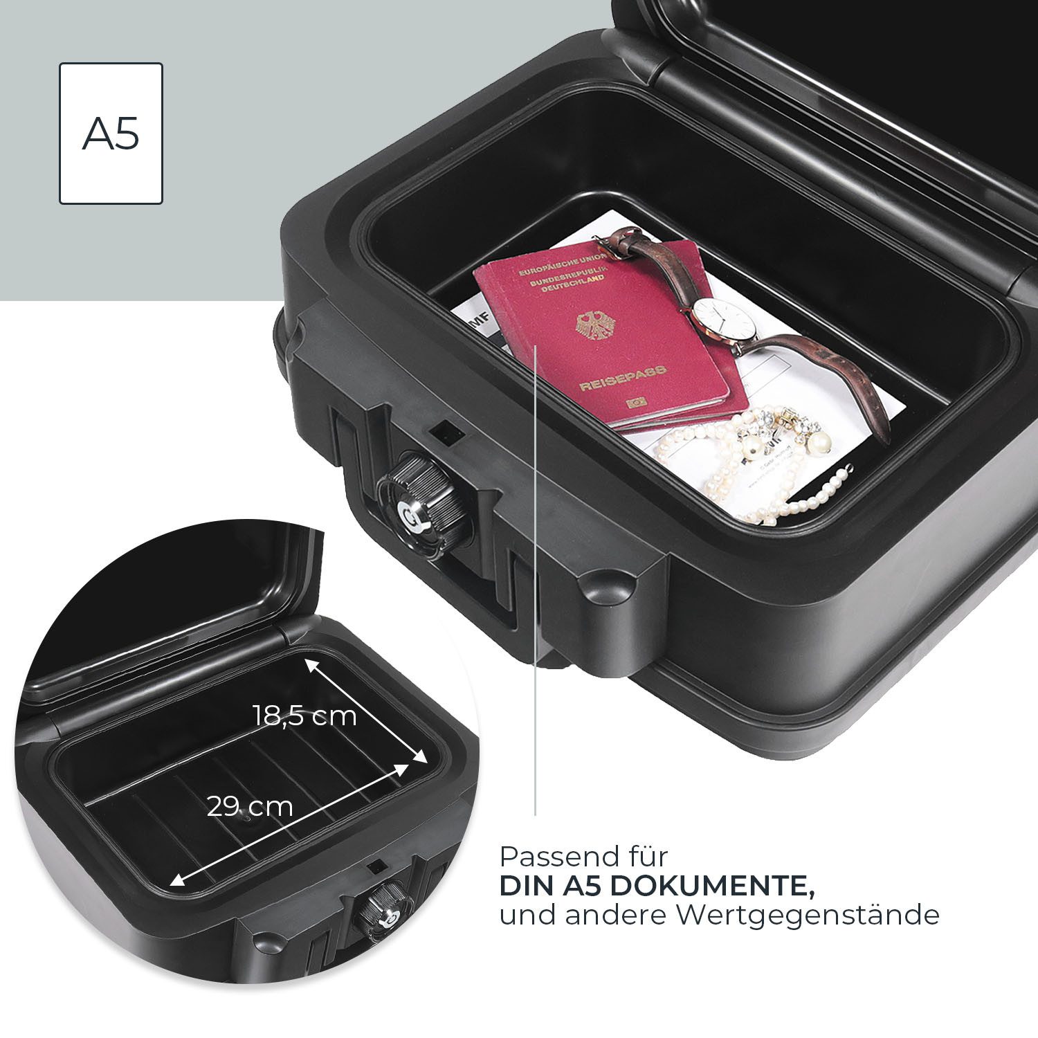 HMF Geldkassette feuerfeste und wasserdichte Dokumentenkassette, Tresor zum Schutz von Wertsachen, 38,5x16,5x32,5 cm, DIN A5, schwarz