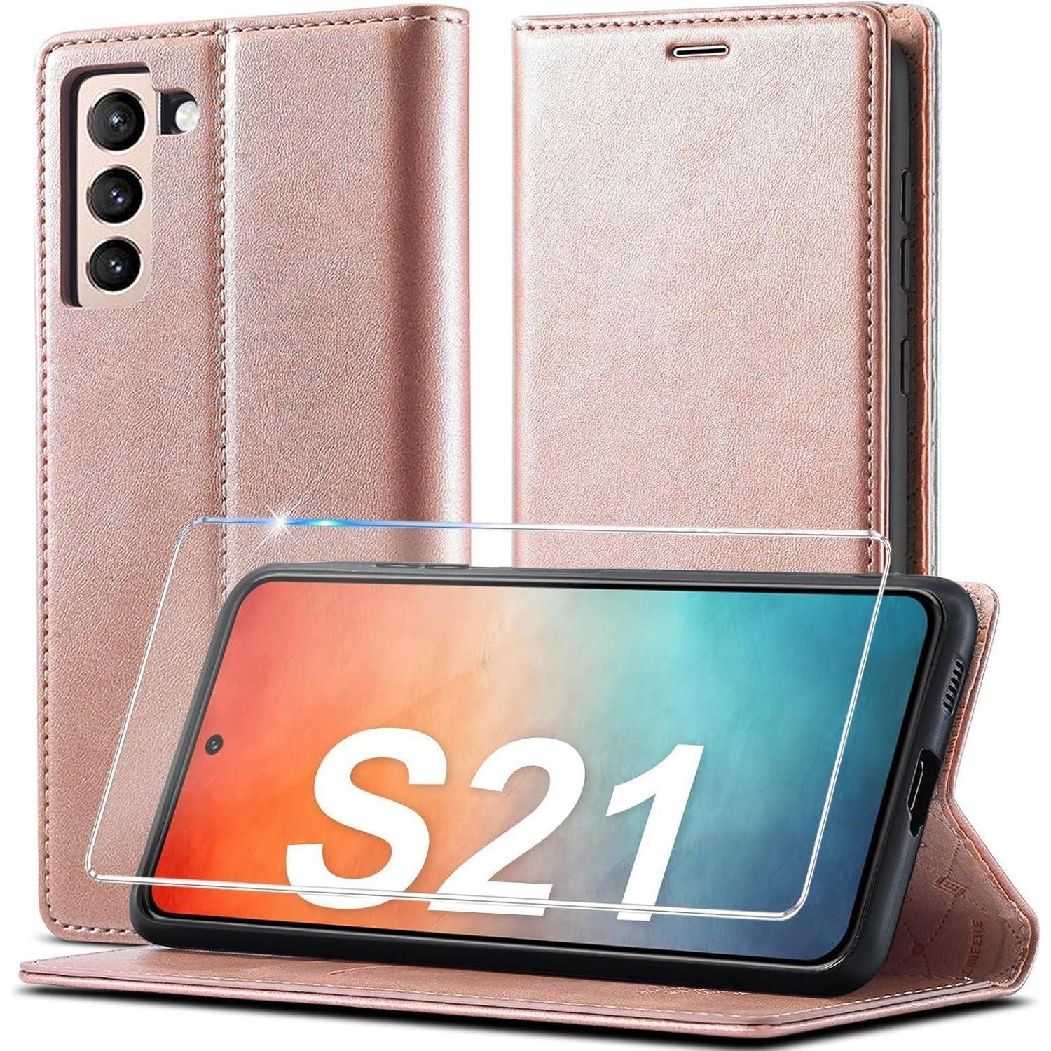 LuxusKollektion Flip Case Handyhülle S21 5G Klapphülle Flip Wallet Schutzfolie Rosa in