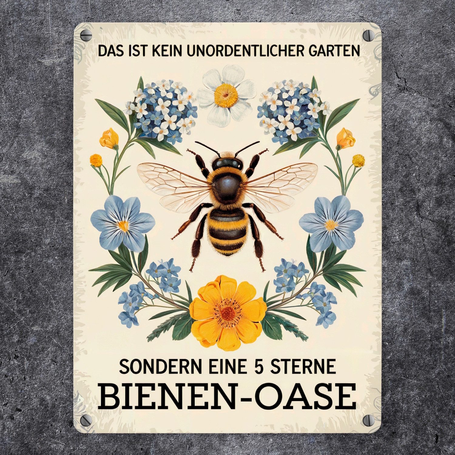 speecheese Metallschild Biene mit Blumen DAS IST KEIN UNORDENTLICHER GARTEN günstig online kaufen