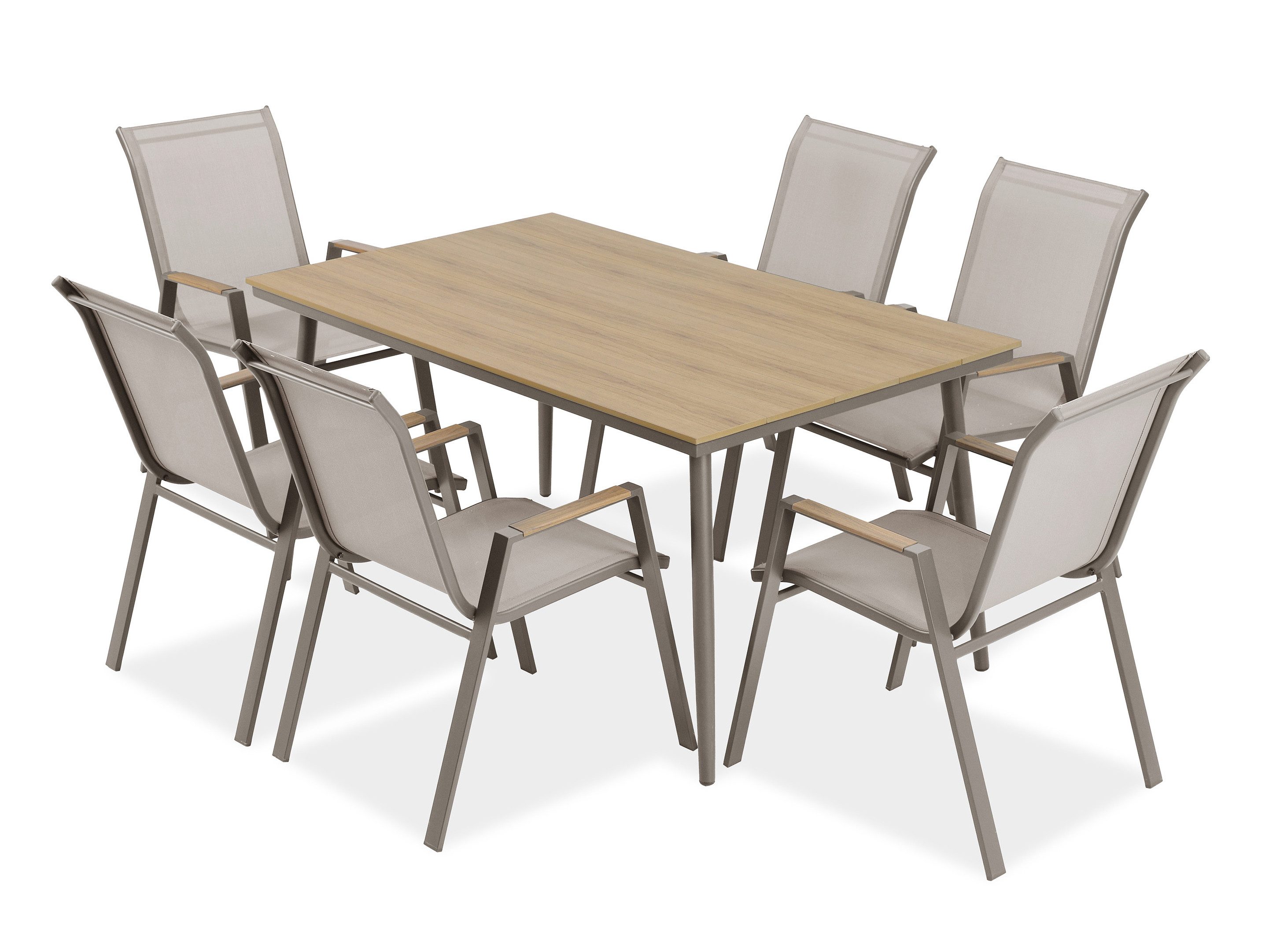 Beautysofa Garten-Essgruppe VALENCIA wetterfest, Taupe, (verzinktes pulverbeschichtetes Stahlgestell, 6 stapelbare Stühle + Esstisch 150 × 90 cm), Textilene-Sitzflächen, Polywood-Tischplatte