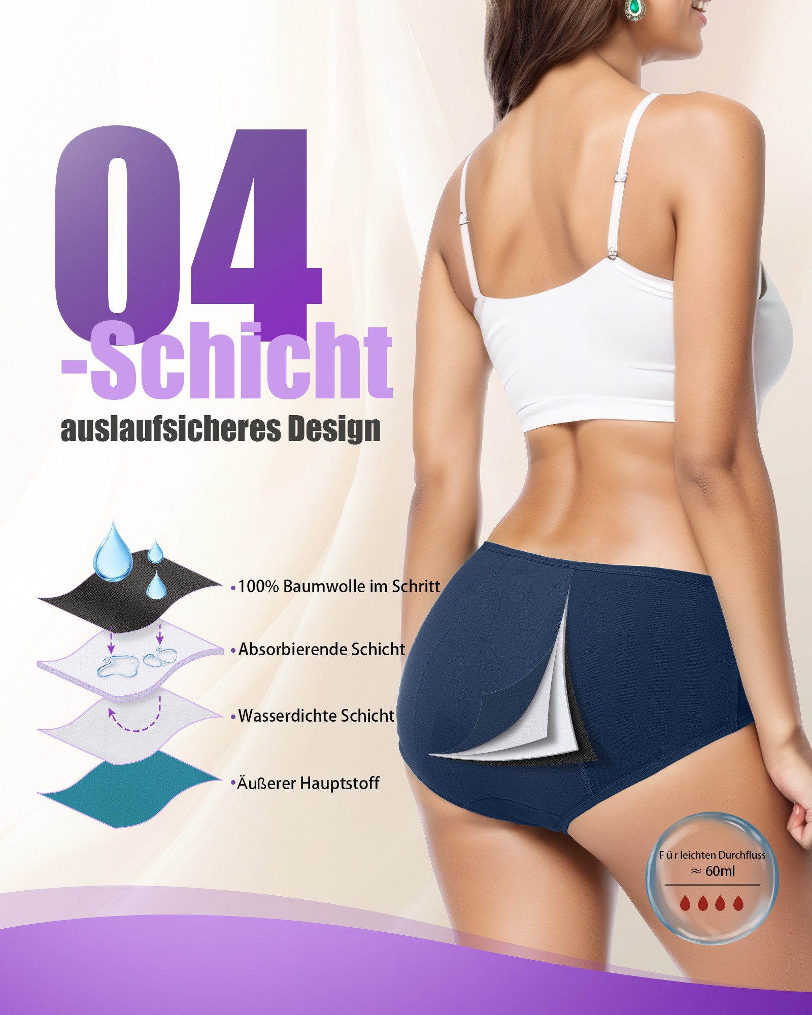 TANSTC Periodenslip Periodenunterwäsche Damen, Menstruationsunterwäsche (Packung, 3er-Pack) auslaufsicher, für starke Tage geeignet, mehrlagiger Schutz, waschbar
