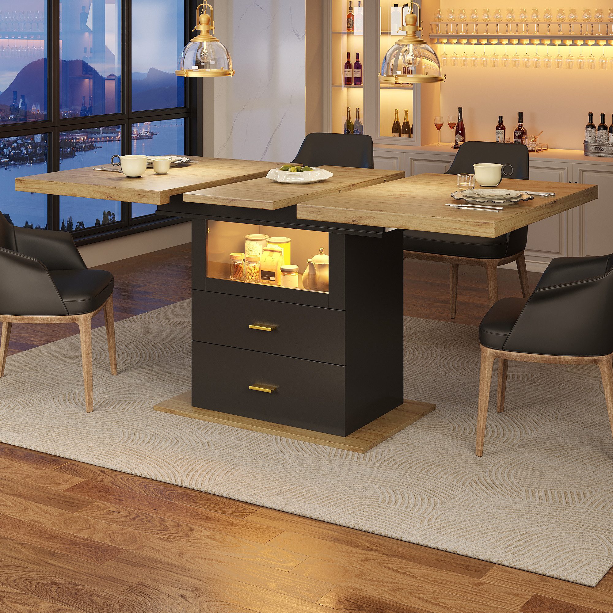 Odikalo Esstisch Ausziehbar 110 x 80 x 75 LED-Beleuchtung zu 6 Personen Tischplatte