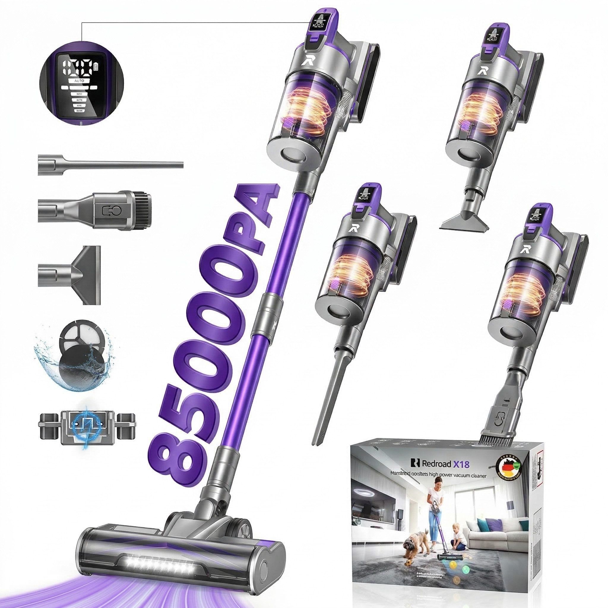 Redkey Hand-und Stielstaubsauger 2026 AkkuStaubsauger 85000Pa/500W/100 Akku-Hand-und Stielstaubsauger, 500 W, mit Beutel, Ultraleiser, kabelloser Stabstaubsauger mit intelligentem Display