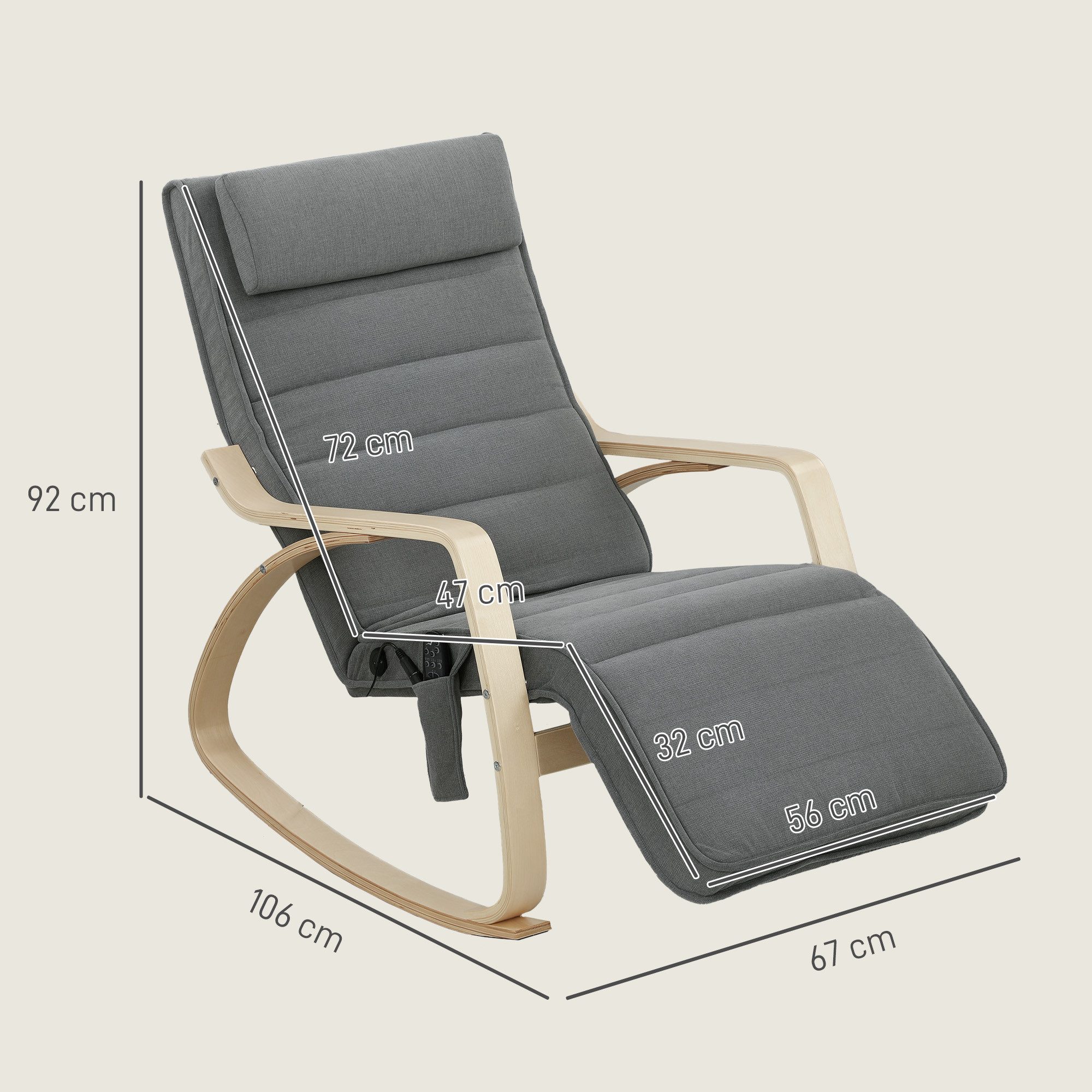 HOMCOM Schaukelstuhl Schaukelsessel mit Massagefunktion, Heizung, Kopfstütze, Fußstütze (Lesesessel, 1 St), Schwingsessel für Wohnzimmer, Schlafzimmer, Grau