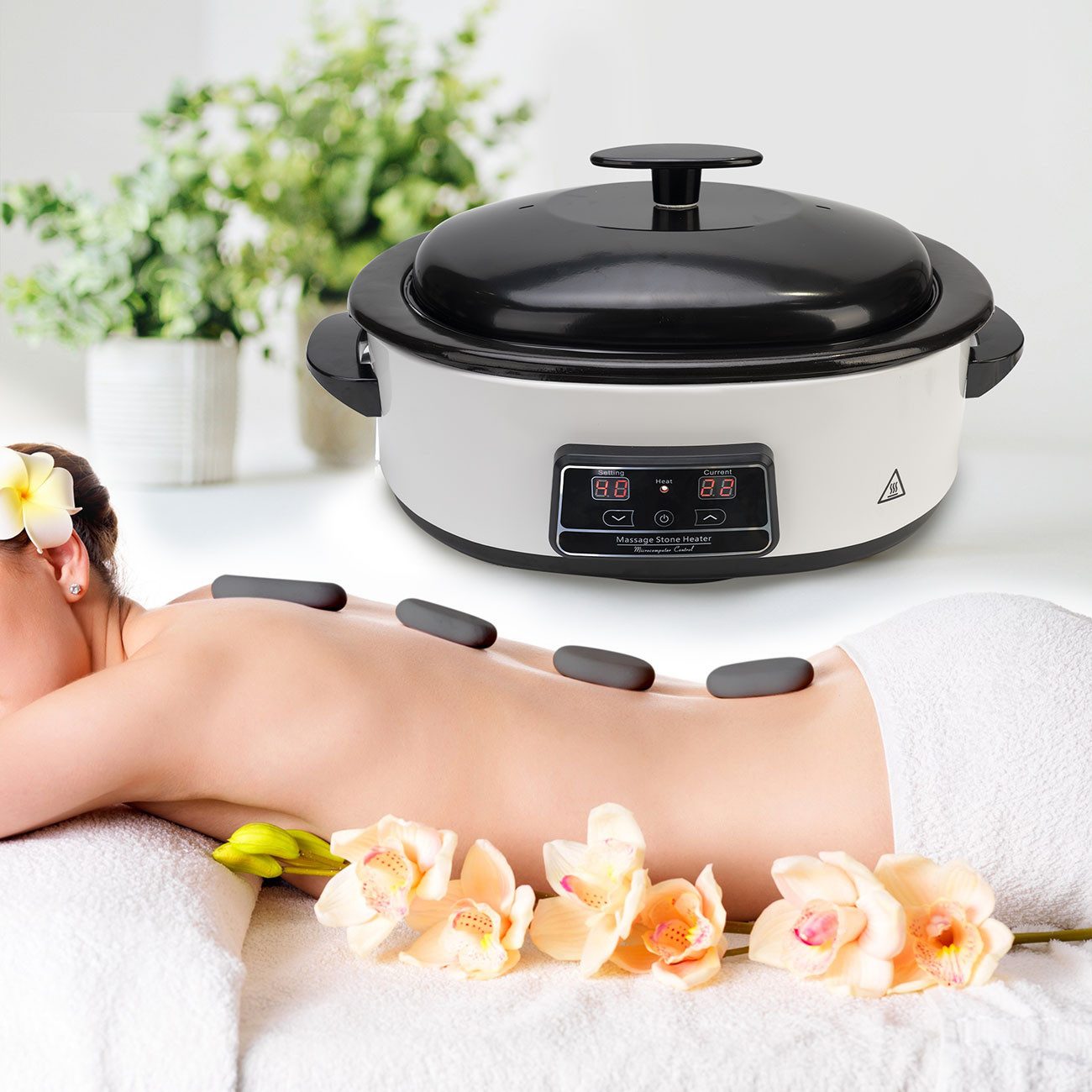 Casativo Schmerztherapiegerät Hot Stone Massage Set Digital Warmsteingerät 23 Natursteine 750W 70°C, 23-tlg., Set mit 23 Natursteinen & Digital-Thermostat/kabelgebunden