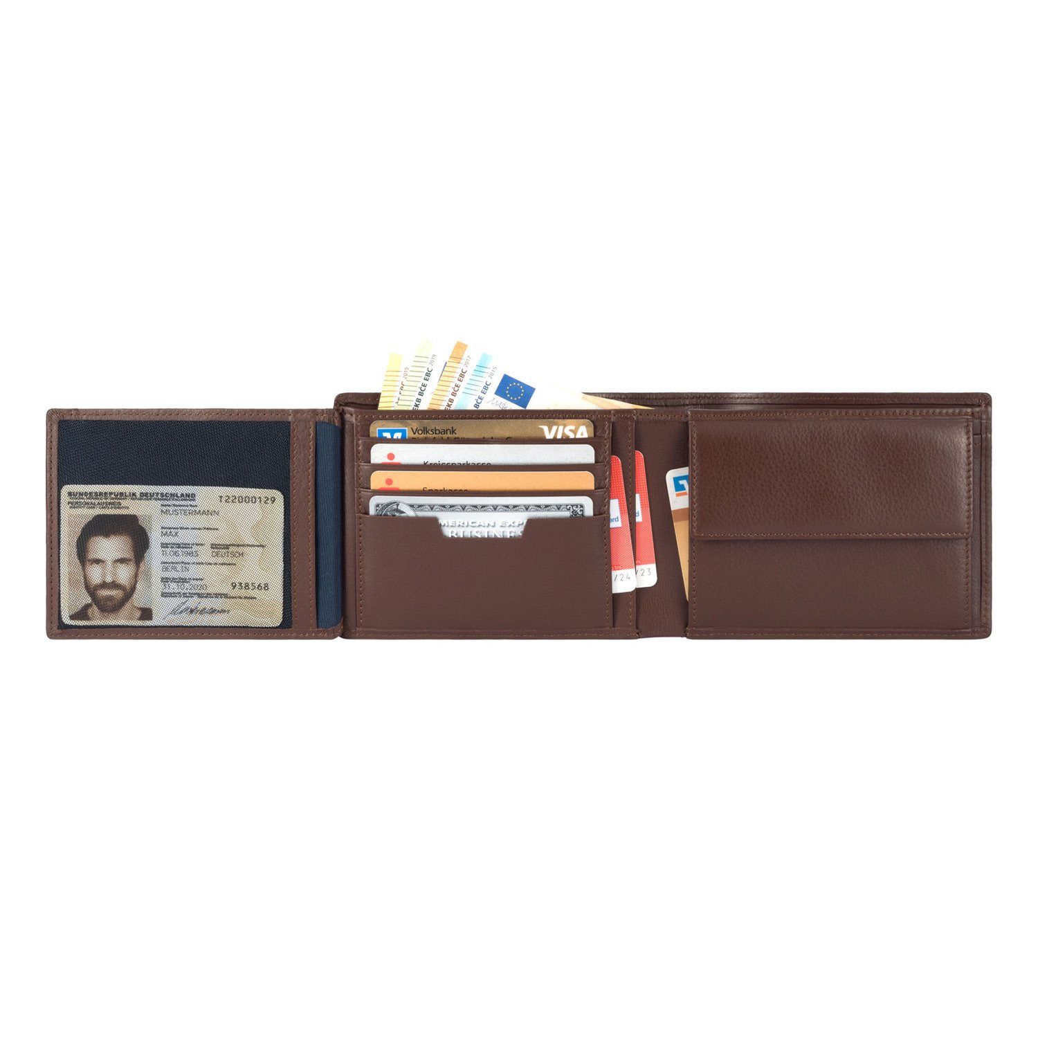 VON HEESEN inkl. mit & Geldbeutel 13 Braun Kartenfächer, Geldbörse RFID-Schutz Geschenkbox Portemonnaie