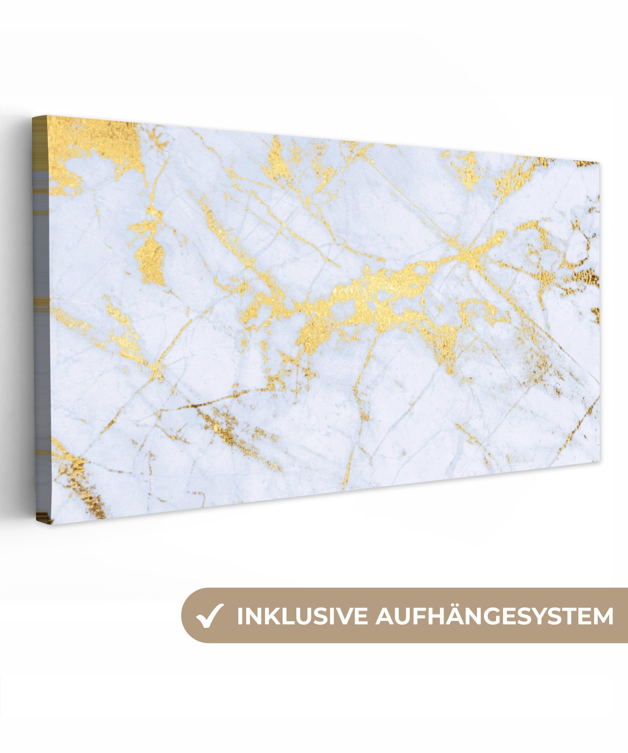 OneMillionCanvasses® Leinwandbild Panorama Marmor - Gold - Weiß - Luxe - Marmoroptik - Glitzer, Fotodruck (1 St), Wandbild, Deko Schlafzimmer Wohnzimmer Flur 40x20 cm