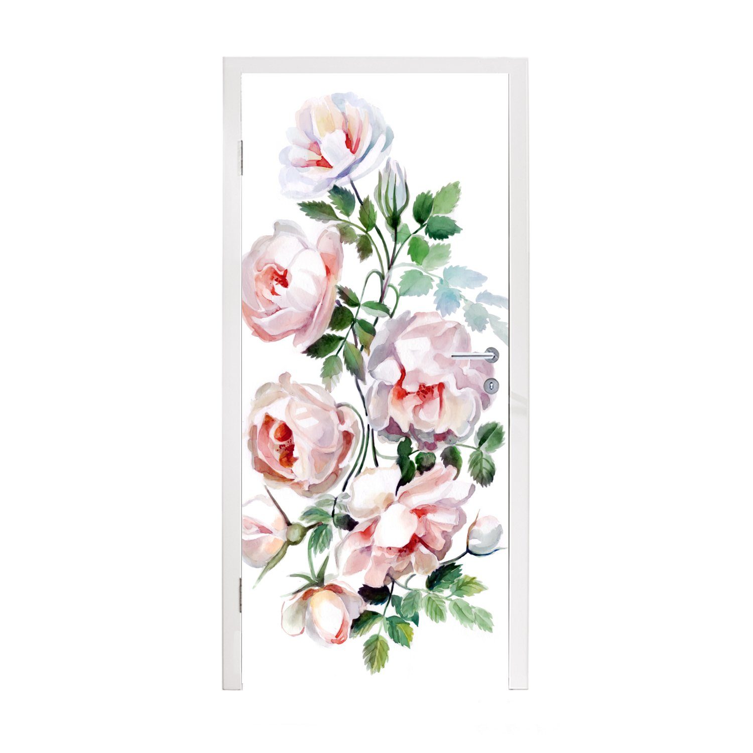 Matt, MuchoWow Fototapete - für Türtapete cm 75x205 (1 Blumen, Türaufkleber, Tür, Aquarell St), Rosen bedruckt, -