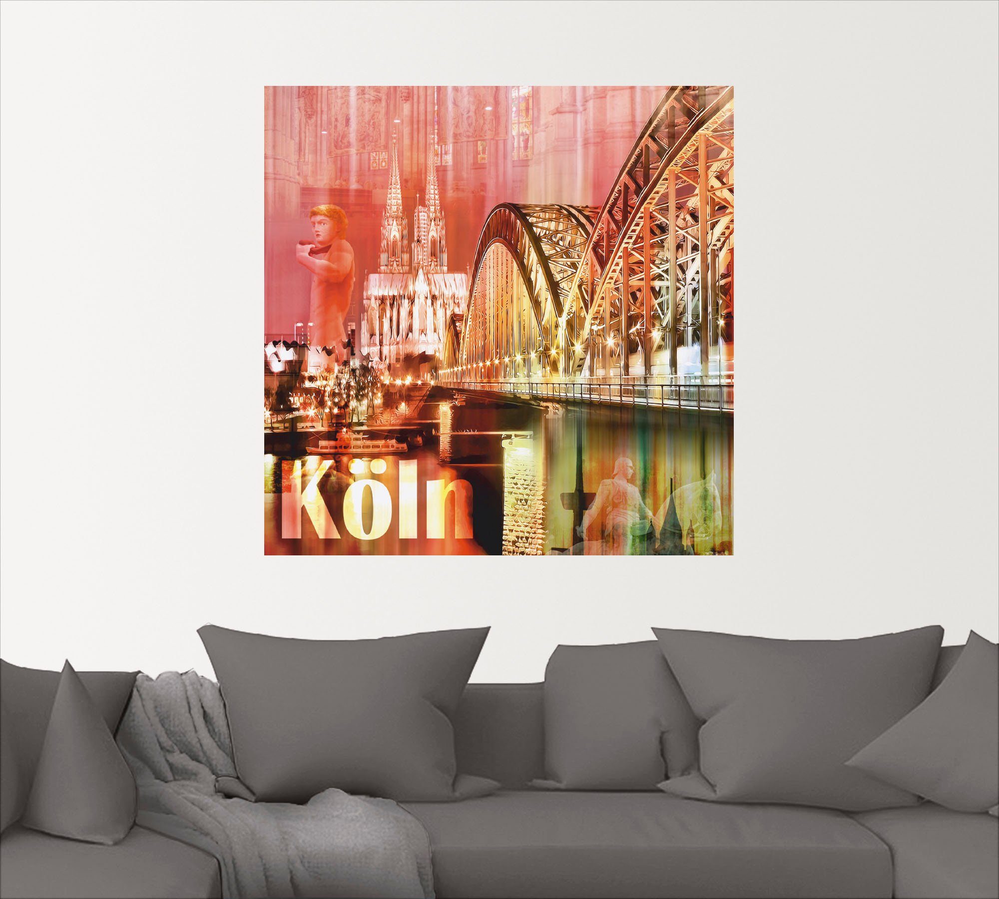 (1 oder in Poster Artland Abstrakte Wandaufkleber Gebäude Collage, St), Größen Leinwandbild, versch. als Wandbild Köln rot Skyline