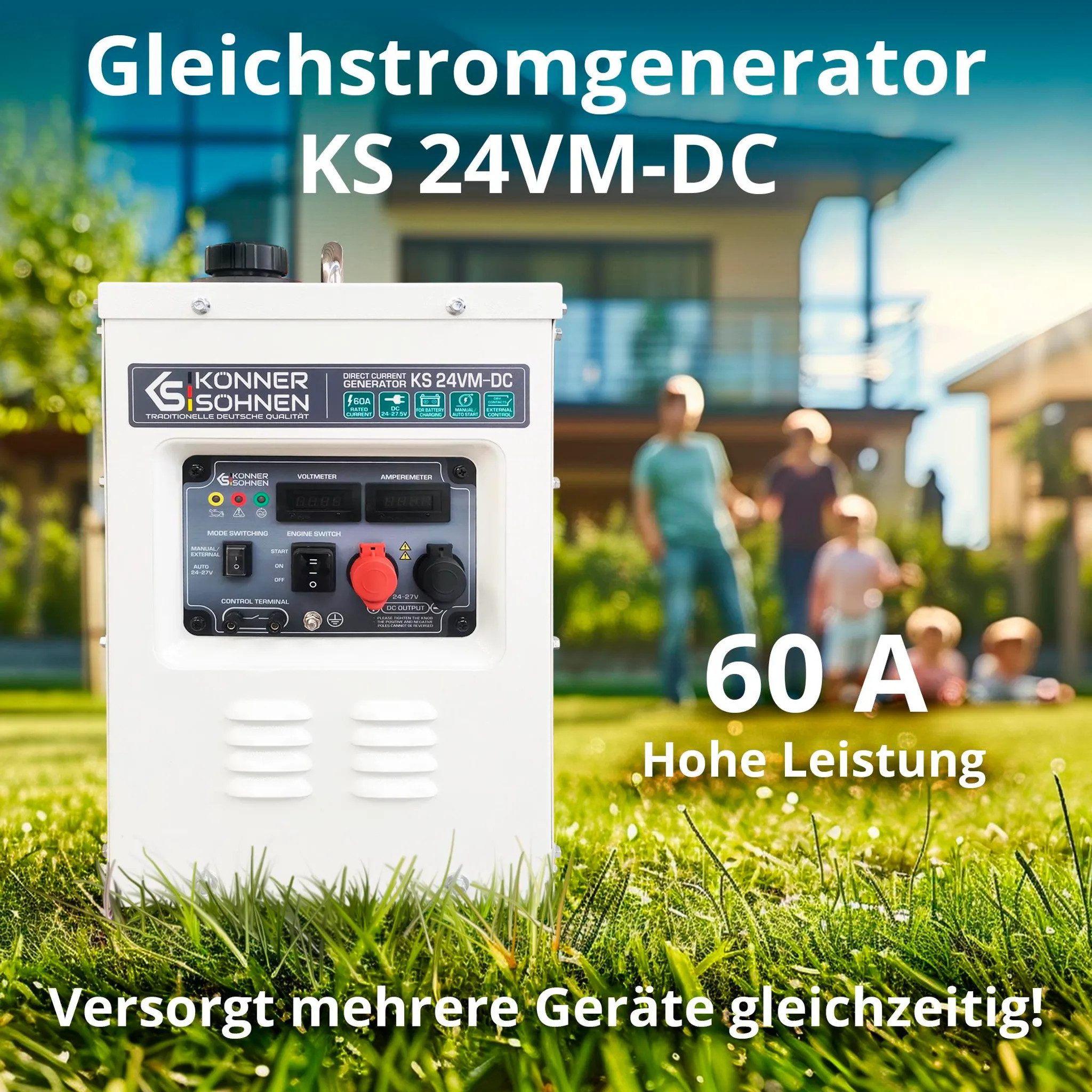 Könner & Söhnen KS 24VM-DC generator (24V DC generator for solar systems and battery charging, 1-piece, 60A charging current, auto-start function, 8L tank, 24-27.5V), 24V direct current, auto mode, soundproofed, 69dB, Euro V