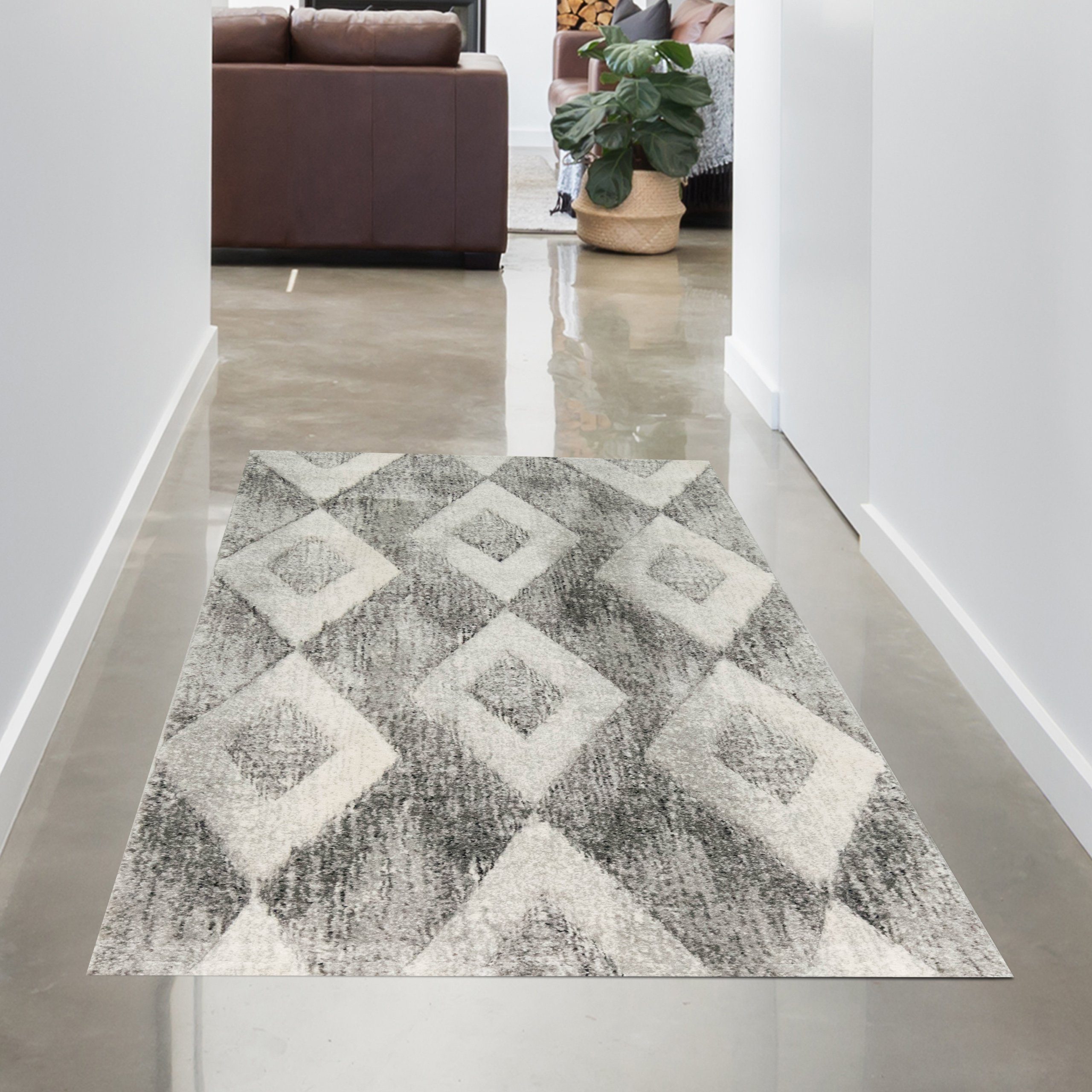 Teppich Abstrakter FLURLÄUFER Teppich mit Rauten in creme grau