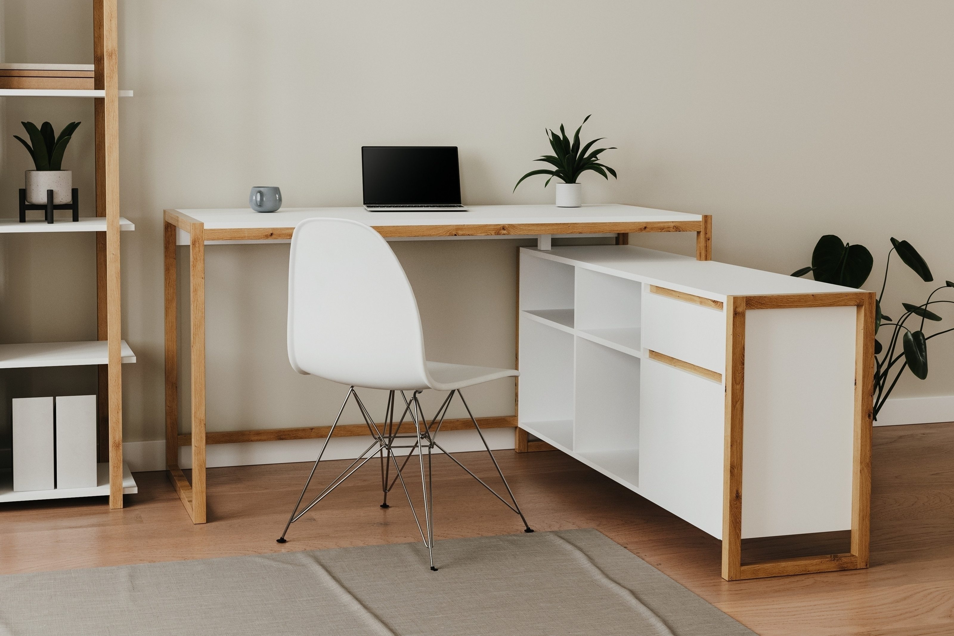 Finori Eckschreibtisch in weiß / Dekor Artisan Oak - 139x75x139cm (BxHxT)