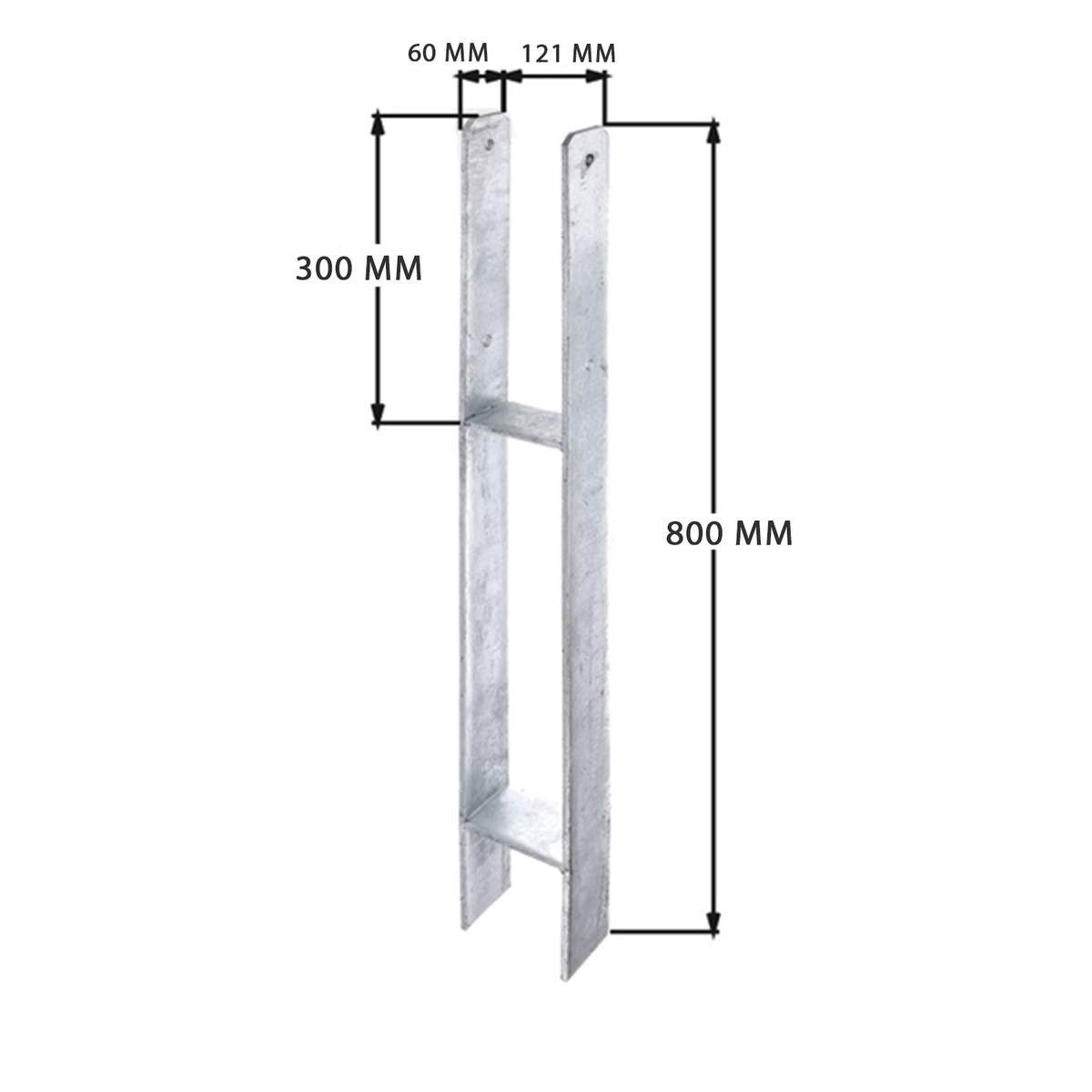 siwitec Pfostenträger 6 x H-Pfostenträger 800 x 121 mm, Materialstärke 6 mm, feuerverzinkt, für Carports, hohe Flecht- und Sichtschutzzäune, Holzkonstruktionen, Holzzäune, zum Einbetonieren, (Enthält insgesamt sechs siwitec H-Pfostenträger)
