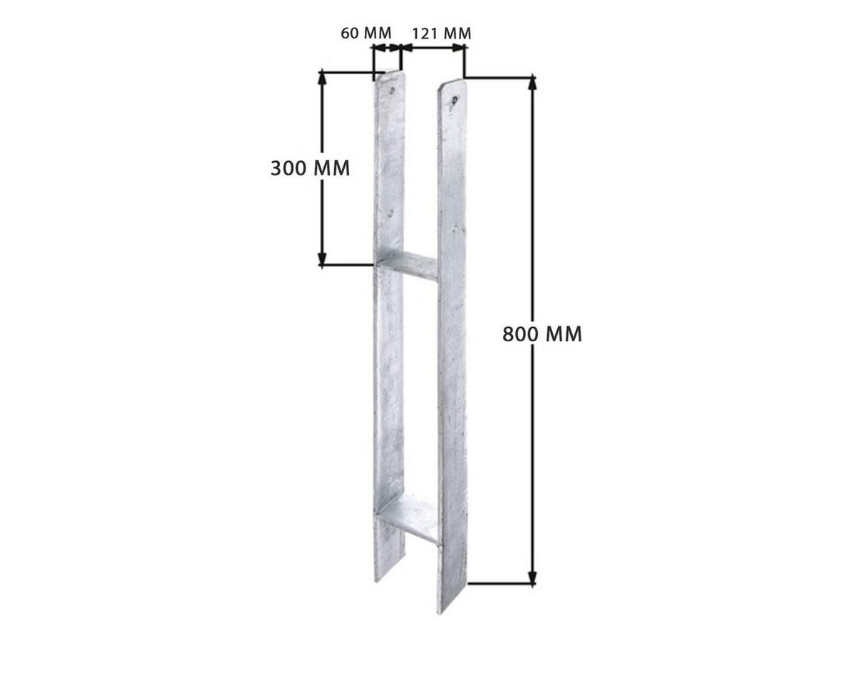 Thumbnail - siwitec Pfostenträger 6 x H-Pfostenträger 800 x 121 mm, Materialstärke 6 mm, feuerverzinkt, für Carports, hohe Flecht- u...