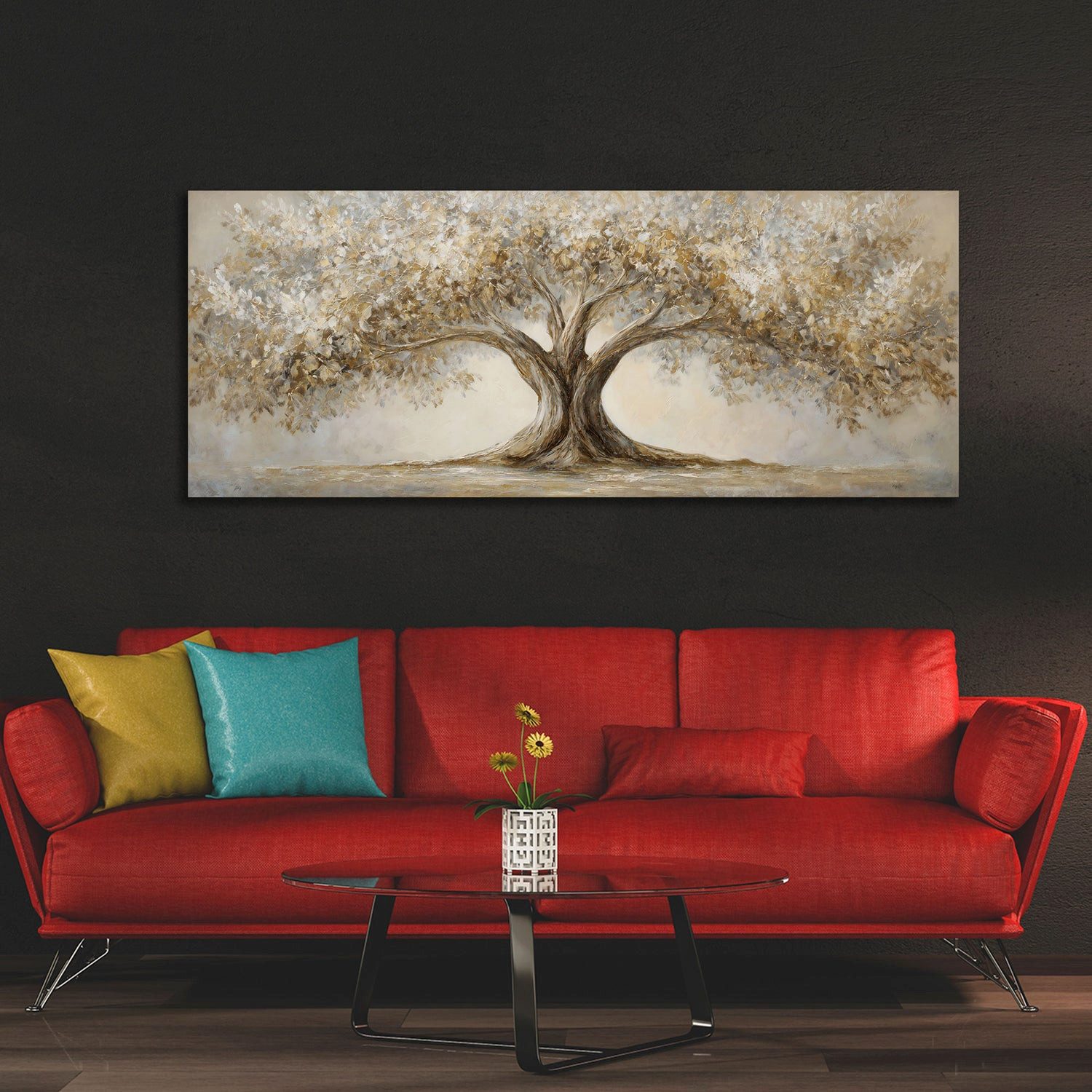Artedinoi Leinwandbild Baum Landschaft goldene Blätter Leinwandbild Wandbild Kunstdruck XL Wa, Baum mit goldenem Laub – Bild 3 von 5