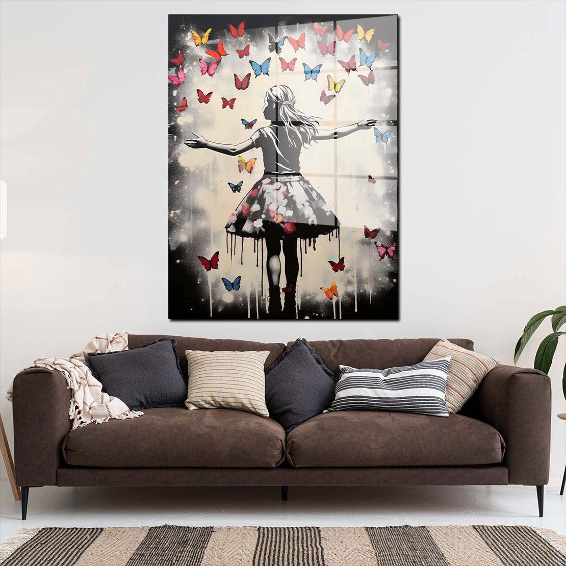 Artedinoi Acrylglasbild Mädchen mit Schmetterlingen Acrylglasbild Wandbild Street Art Bunt XXL, Mädchen umgeben von bunten Schmetterlingen im Street-Art-Stil.