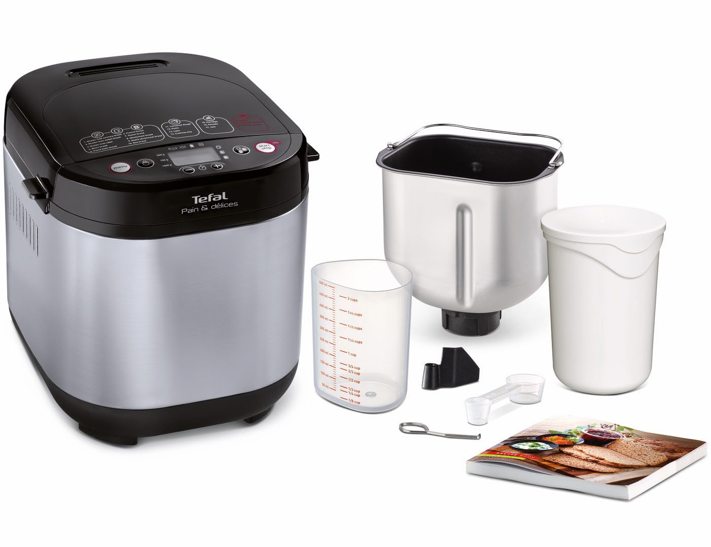 Tefal Brotbackautomat Pain & Délices, 20 Backprogramme, 3 Brotgrößen und Bräunungsgrade, 20 Programme, 610 W, auch für Pizza-/Nudel-/Kuchenteig, antihaftbeschichtete Form, PF240E
