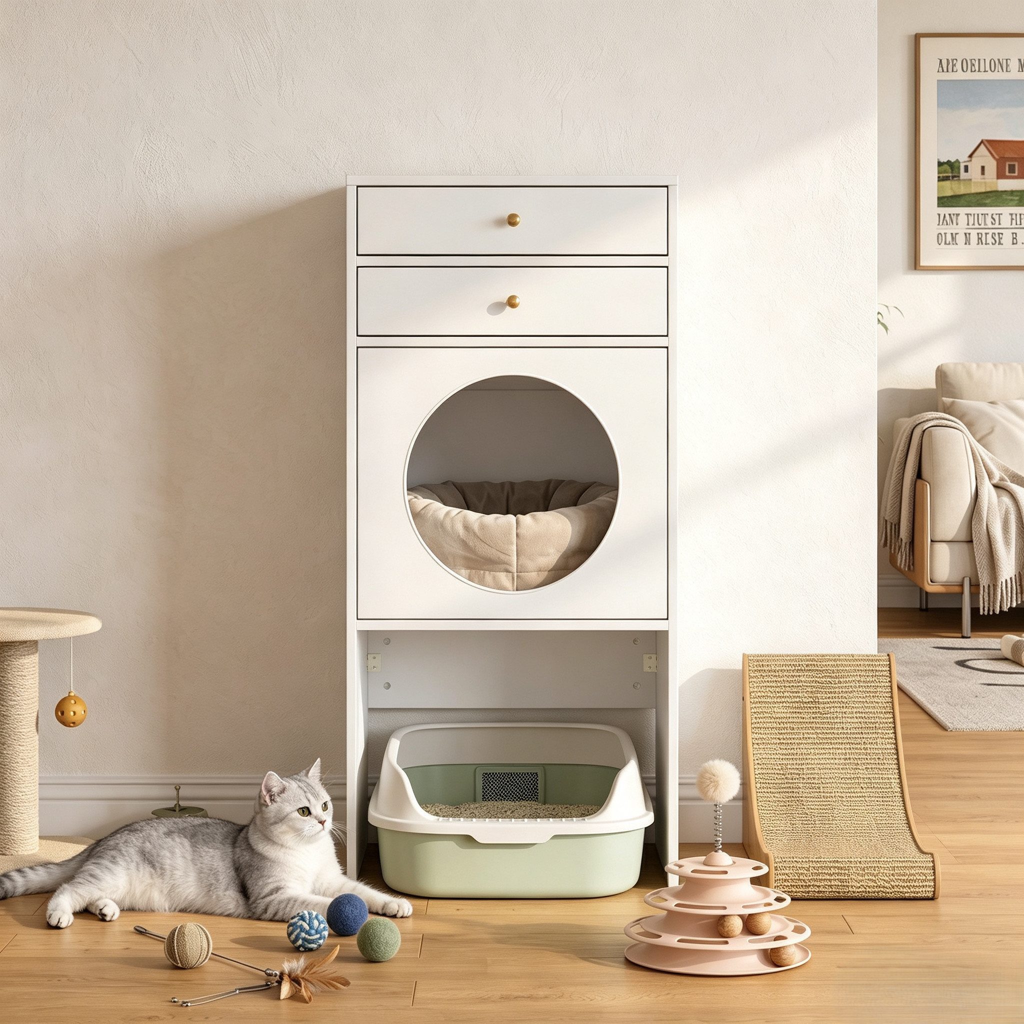 FUFU&GAGA Katzentoilette Katzenschrank mit 2 Schubladen, Weiß, MDF, 3-in-1 Design, platzsparende vertikale Bauweise