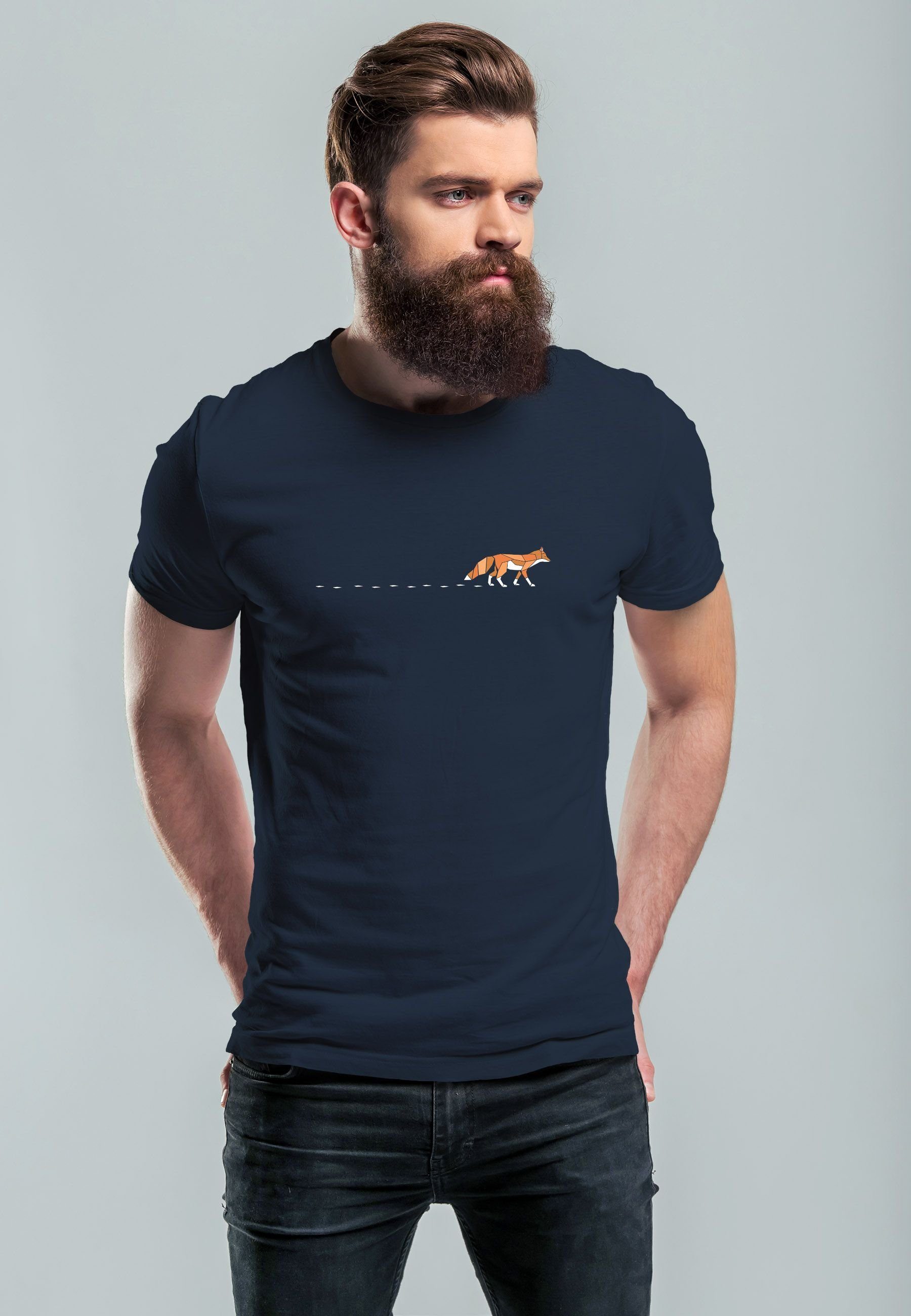 Print-Shirt navy Tiermotiv Fox Logo Fashion Print Stree Wald Herren Print mit T-Shirt Neverless Badge Fuchs