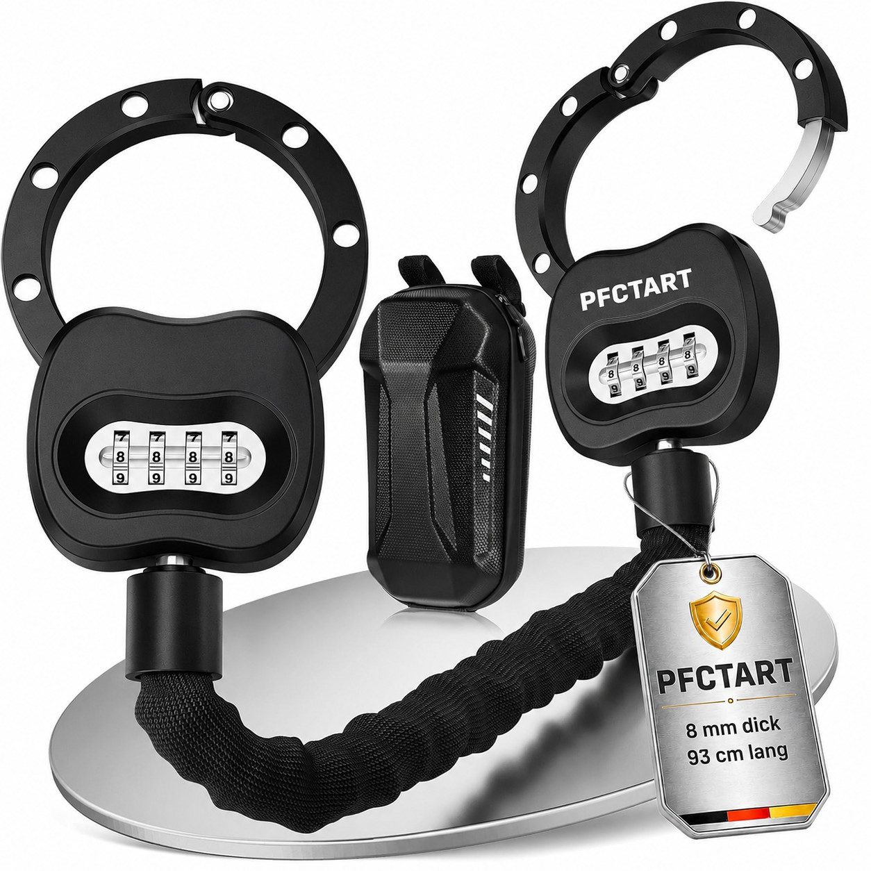 PFCTART Kettenschloss Fahrradschloss mit Zahlencode & Aufbewahrungstasche, 93 cm (Set, 2-tlg., Für Fahrrad, E-Scooter & Roller, IPX8, inkl. 3L Tasche), 8 mm Stahlkette, wasserdichtes Zahlenschloss, schlüssellos