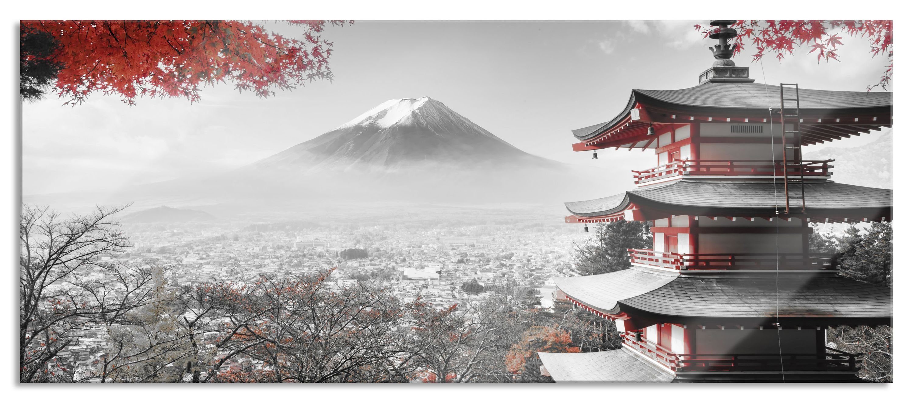 Japanischer St), Glasbild Japanischer Echtglas, Tempel Aufhängungen Glasbild Herbst, inkl. Herbst (1 im Abstandshalter Pixxprint und im Tempel aus