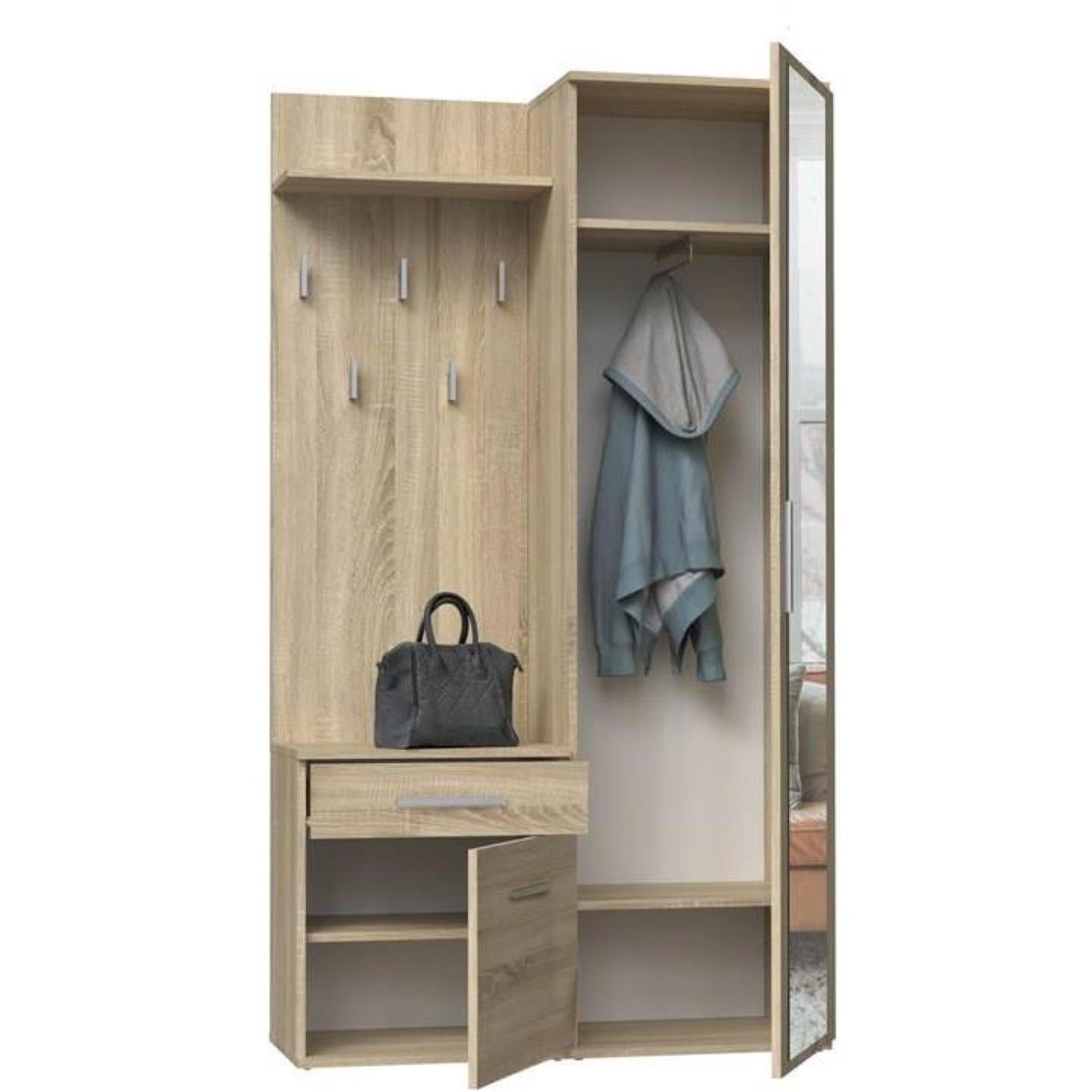 Kompaktgarderobe + Schuhschrank, cm Kleiderhaken) Garderoben-Set, Spiegel inkl. Fiora 120 Beautysofa Sonoma (Garderobenschrank breit, 5 + 3-St., Paneel