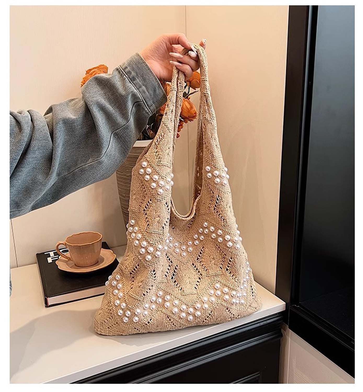 nsihing Schultertasche Strandtasche Damen Häkeltasche, Geflochtene Tasche Boho – Bild 4 von 5