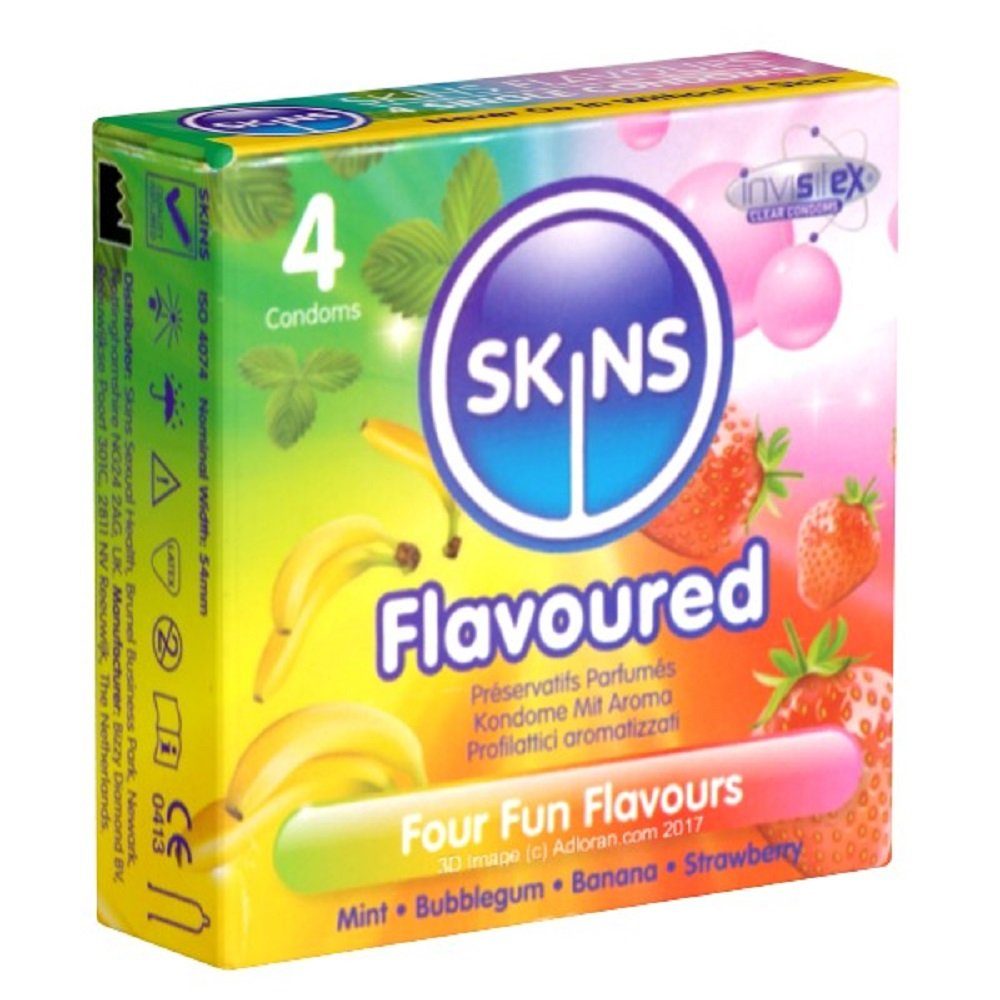 SKINS (kristallklar), Oberfläche, kein Latex Kondome leckeren St., (Fun Latexgeruch Aroma-Mix 4 an Flavoured "echt", Packung Condoms aus durchsichtiges Sorten, mit, samtweiche wie 4 sich fühlt Flavours)