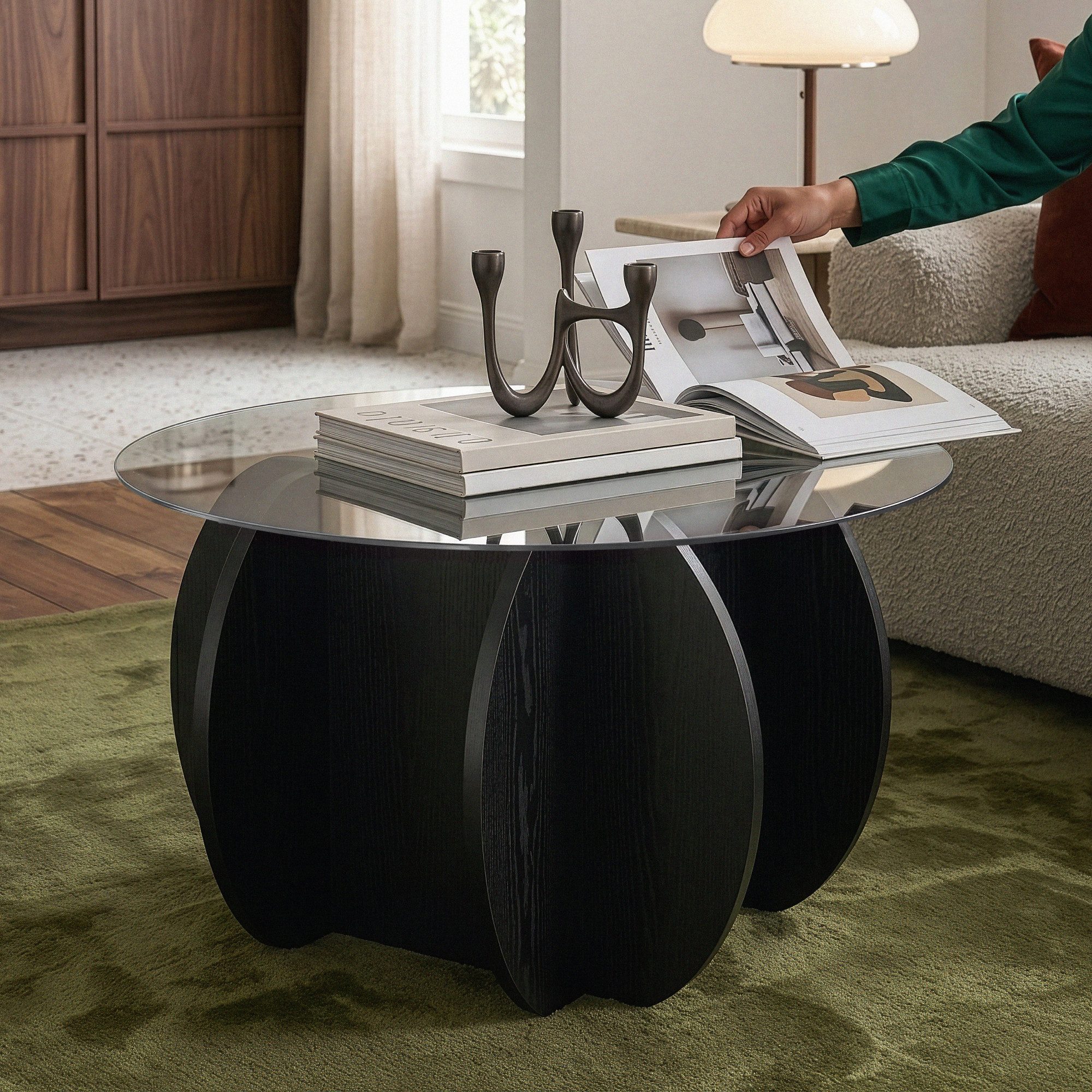 en.casa Couchtisch, »Karhuvandi« Ø70 x 40 cm mit Glasplatte rund Rauchglas Schwarz/Grau