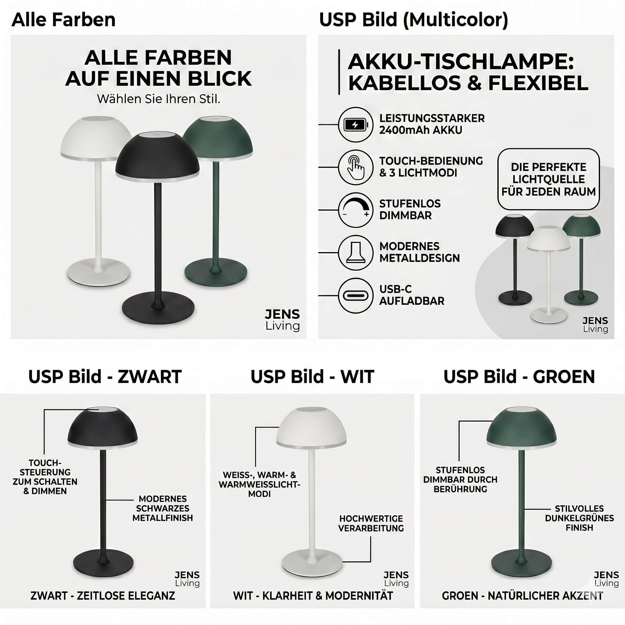 Jens Living LED Außen-Stehlampe LED Tischleuchte Akku Metall Tischlampe dimmbar kabellos USB-C, Akku-Betrieb, 3 Lichtfarben, stufenlos dimmbar, Touch-Sensor, USB-C