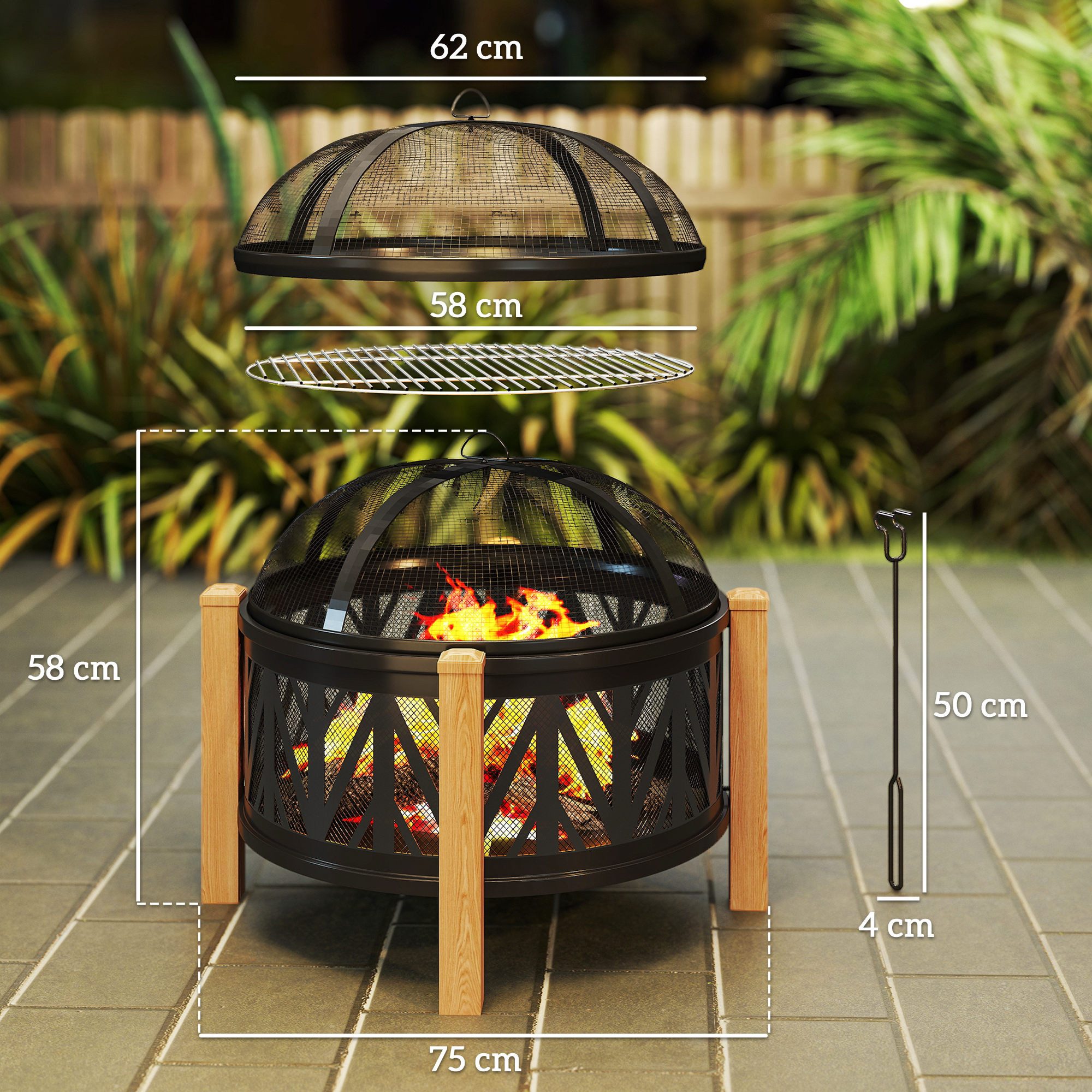 Outsunny Feuerschale Ø75 x 58 cm, mit Funkenschutz, Schürhaken, Grillrost, (2-in-1 Feuerstelle, 4-St., Feuerkorb), für Garten, Balkon Terrasse, Outdoor BBQ Camping Schwarz+Braun