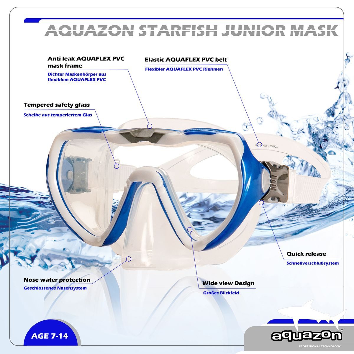 AQUAZON Taucherbrille STARFISH Kinder Schnorchelbrille 7-12 Jahre mit Textil Kopfband