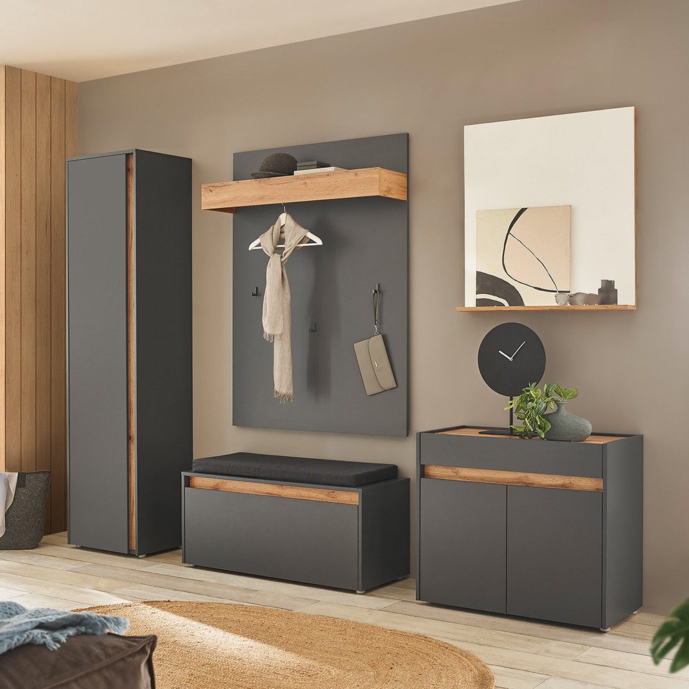 Lomadox Garderoben-Set CRISP-61, (Spar-Set, 5-St., Garderobenpaneel Schuhbank Garderobenschrank Spiegel Kommode), in anthrazit mit Wotan Eiche Nb., griffloses öffnen